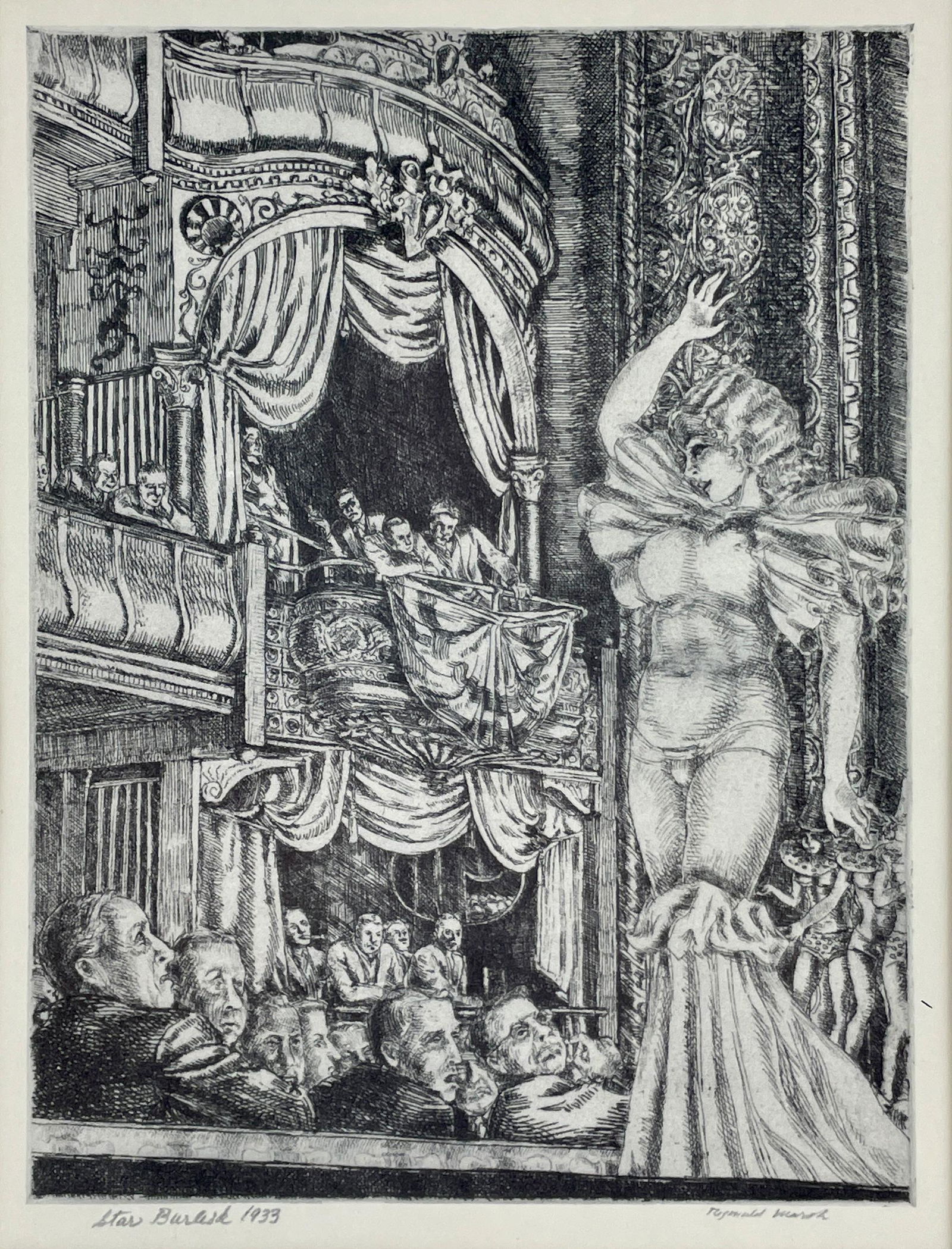 Reginald Marsh, "Star Burlesk": An etching by Marsh, titled "Star Burlesk", dated 1933 and signed in the lower right with pencil. Housed in a simple frame under glass. Sight size: 10" ht. x 8" wd., framed size: 21" ht. x 17" wd.