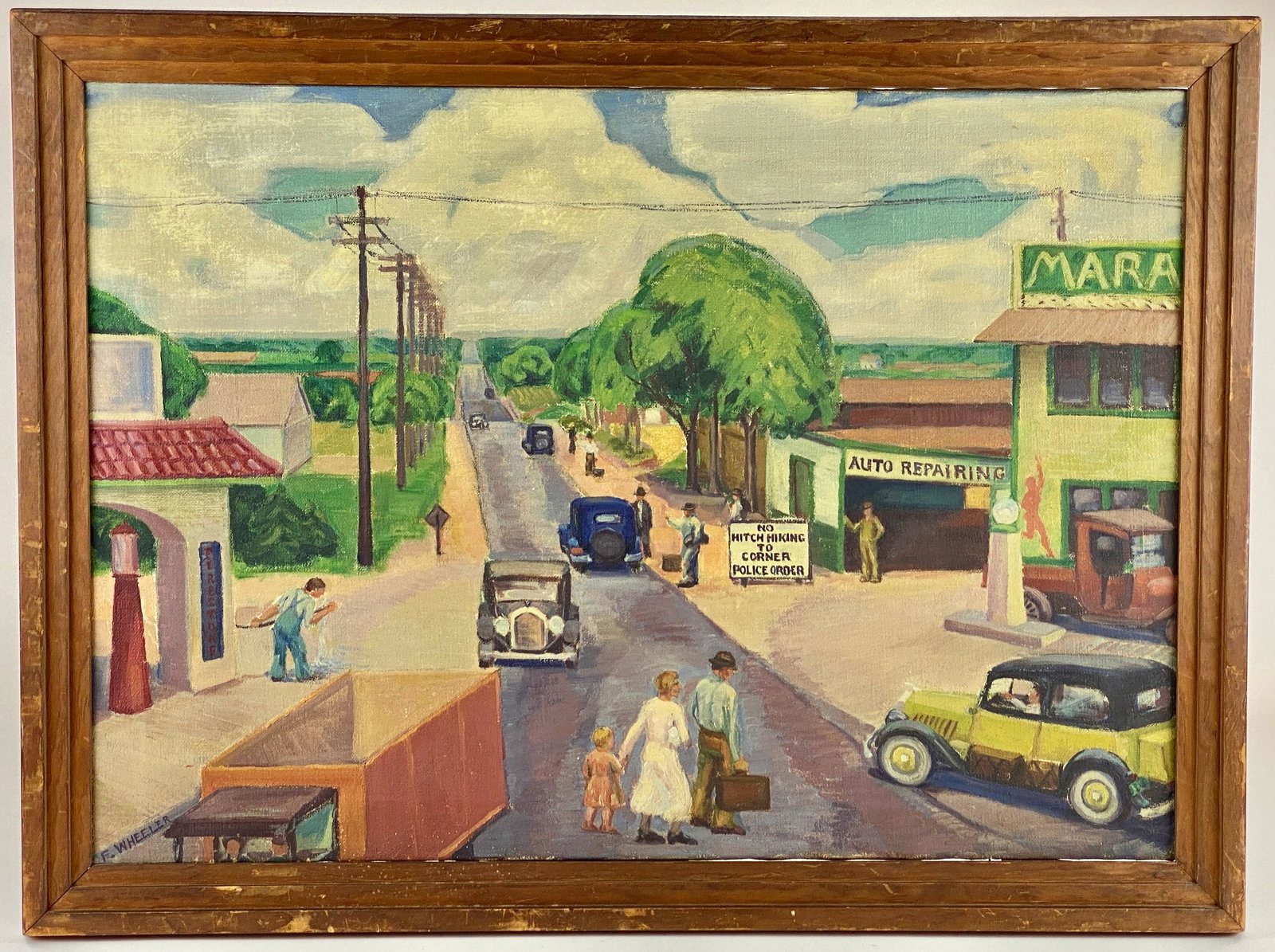 WPA Style Street Painting by F. Wheeler: F. Wheeler (American, 20th century). An American scene oil on canvas, likely 1930s or 40s, depicting a bustling street with auto repair shop, no hitchhiking sign, and several cars and figures. Signed 