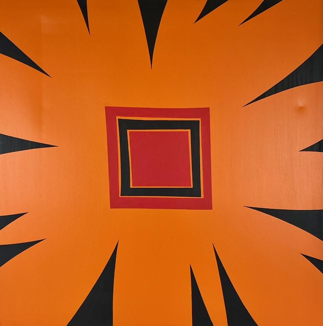 Bengal Abstract Work by Coletta Martin: Coletta Martin (American, 20th century). An abstract work with square central and bengal stripes to exterior. Oil on canvas. 40" x 40"