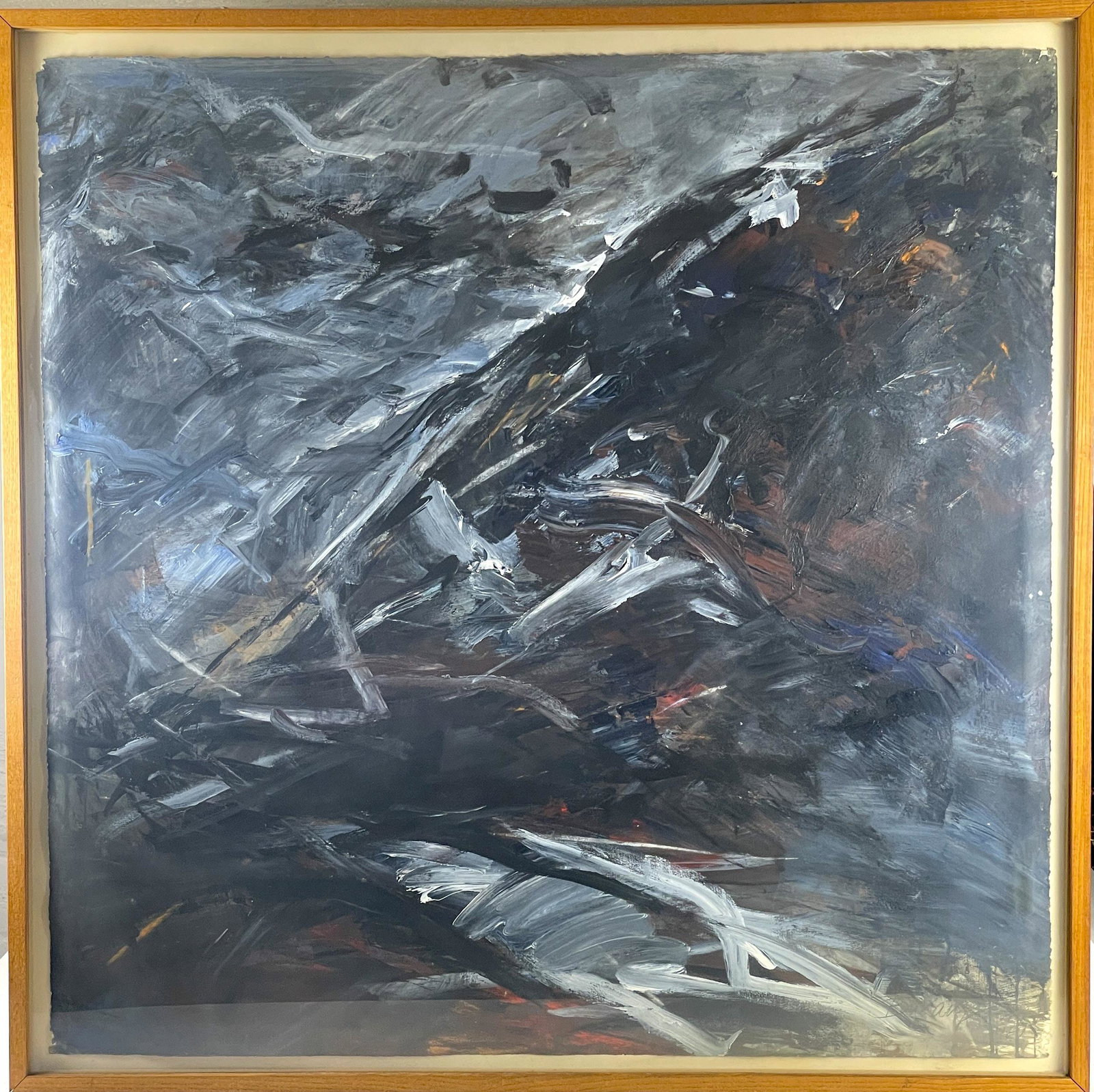 "Mountain" by Bukang Yu Kim: Bukang Yu Kim (Korean/American, b. 1943). Acrylic on paper, signed l.r. and inscribed with titled, artist, and dimensions to verso. 42" x 42" (sight). Kim is a celebrated Cincinnati based artist from 
