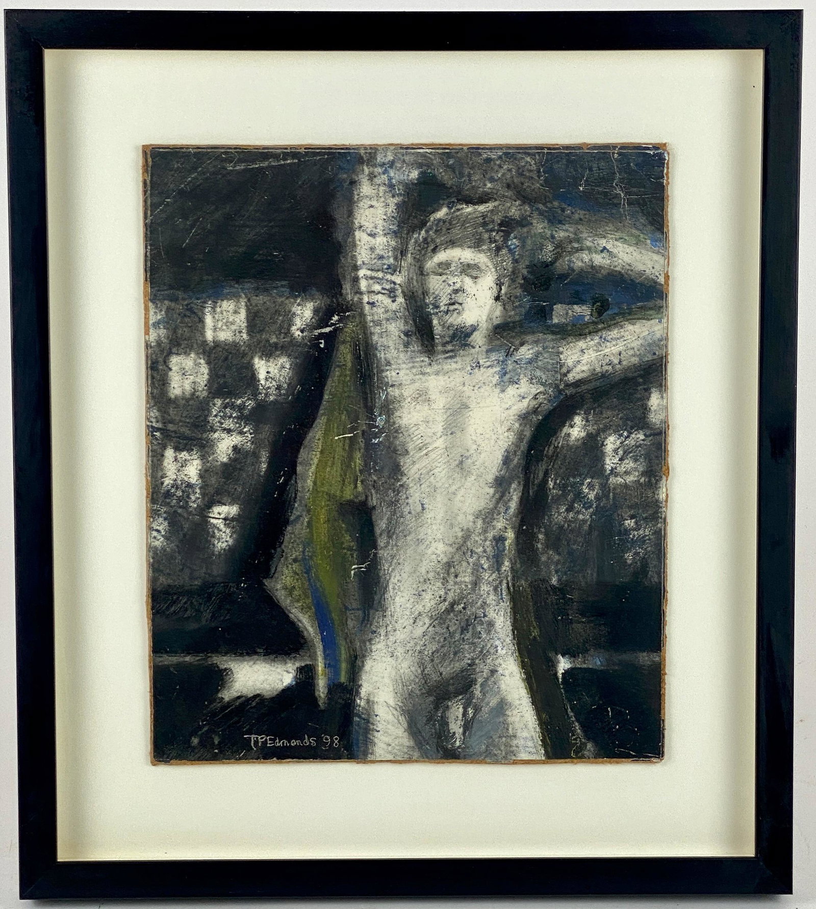 T.P. Edmands, Nude Male: A signed nude male by Edmands, framed under glass in a semi-shadowbox frame. Acrylic, charcoal, pastel. Sight size: 13" ht. x 10" wd., framed size: 18" ht. x 16" wd. From the Estate of Daniel Brown,
