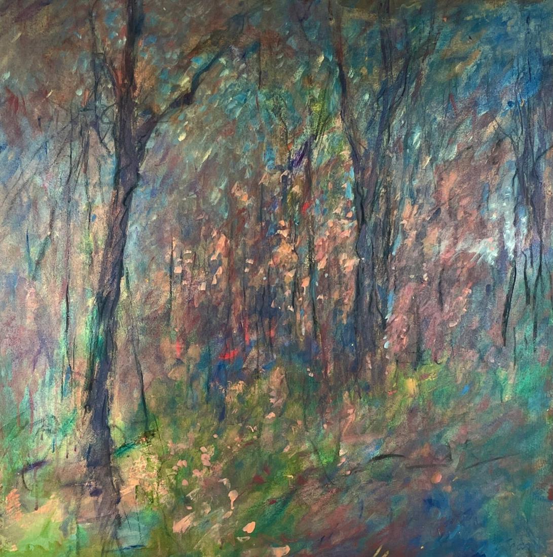 "Whistling in the Woods" by Bukang Yu Kim: Bukang Yu Kim (Korean/American, b. 1943). Oil on canvas, signed l.r. and inscribed with title, artist, and dimensions to verso. 46" x 46" (unframed). Kim is a celebrated Cincinnati based artist from S
