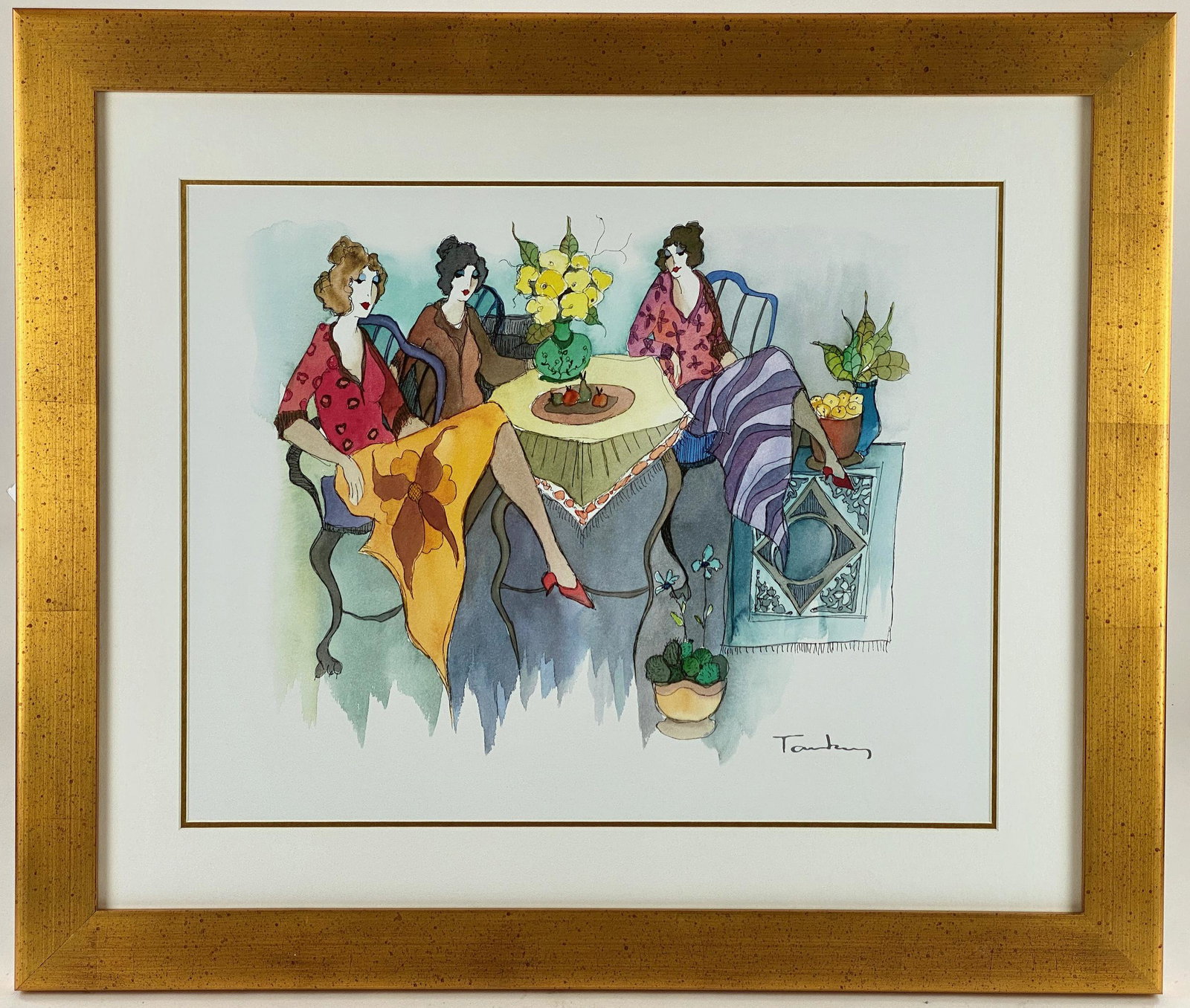 Itzchak Tarkay, "Blissful Moments", Seriolithograph: Purchased from Park West and accompanied by certificate of authenticty from Park West. A seriolithograph, signed in the plate on the lower right, and housed in a gilt frame. Depicting an interior dini