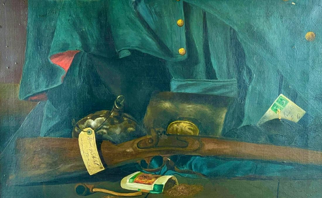 Charles Meurer (1865-1955), Civil War Trompe L'oeil: Oil on canvas with placard reading "C. Meurer". A dark, civil war themed still life with rifle and uniform in background, housed in a walnut frame. Sight size: 18.5" ht. x 30" wd., framed size: 30" ht