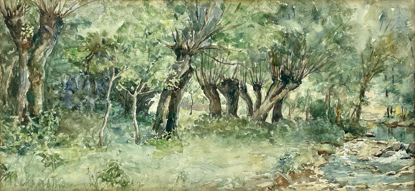 Joseph Henry Sharp (1859-1953) Watercolor: A horizontal watercolor study by well-known western painter, Joseph Henry Sharp, during his time in Germany. Label on verso details the work as a study of a stream while Sharp resided in Germany. Labe