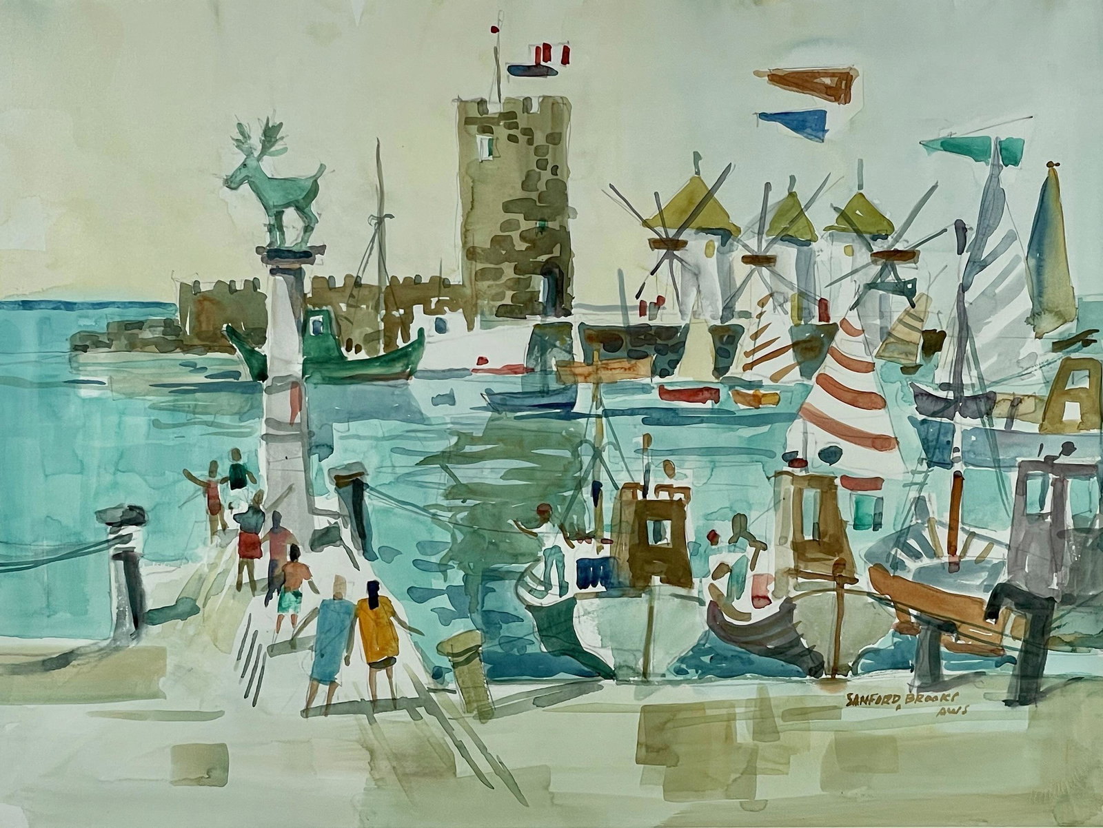 Sanford Brooks, "Harbor at Rhodes Greece" Watercolor: A large watercolor by the late Brooks depicting Rhodes Harbor in Greece, with original label and Closson's tag on verso. Nicely framed in a simple maple frame under plexiglass. Sight size: 22" ht. x 2