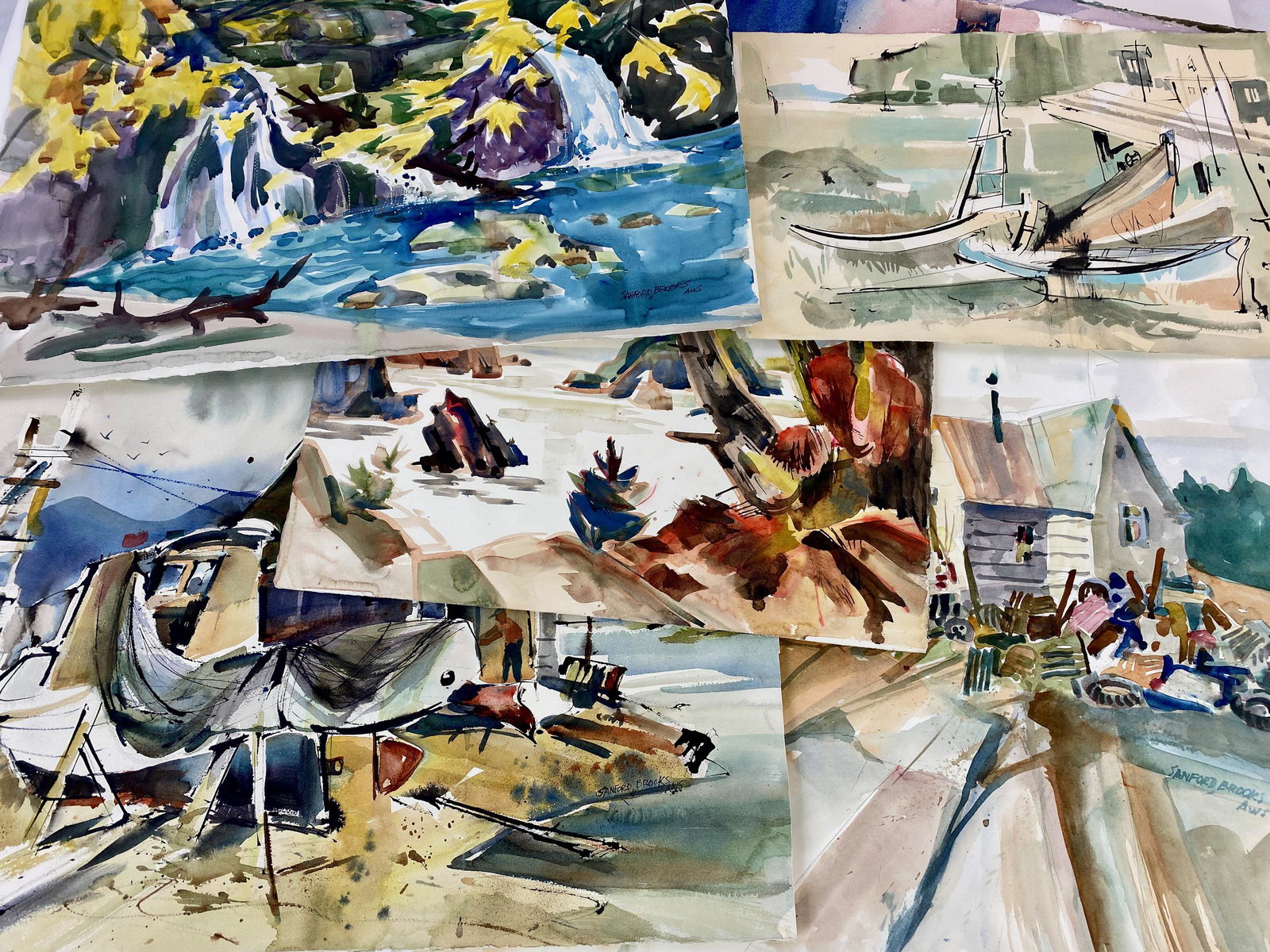Collection of 35 Sanford Brooks Watercolors: All unframed, directly from the estate of Sanford and Virginia Brooks. Standard size for majority of the works: 22" ht. x 30" wd.