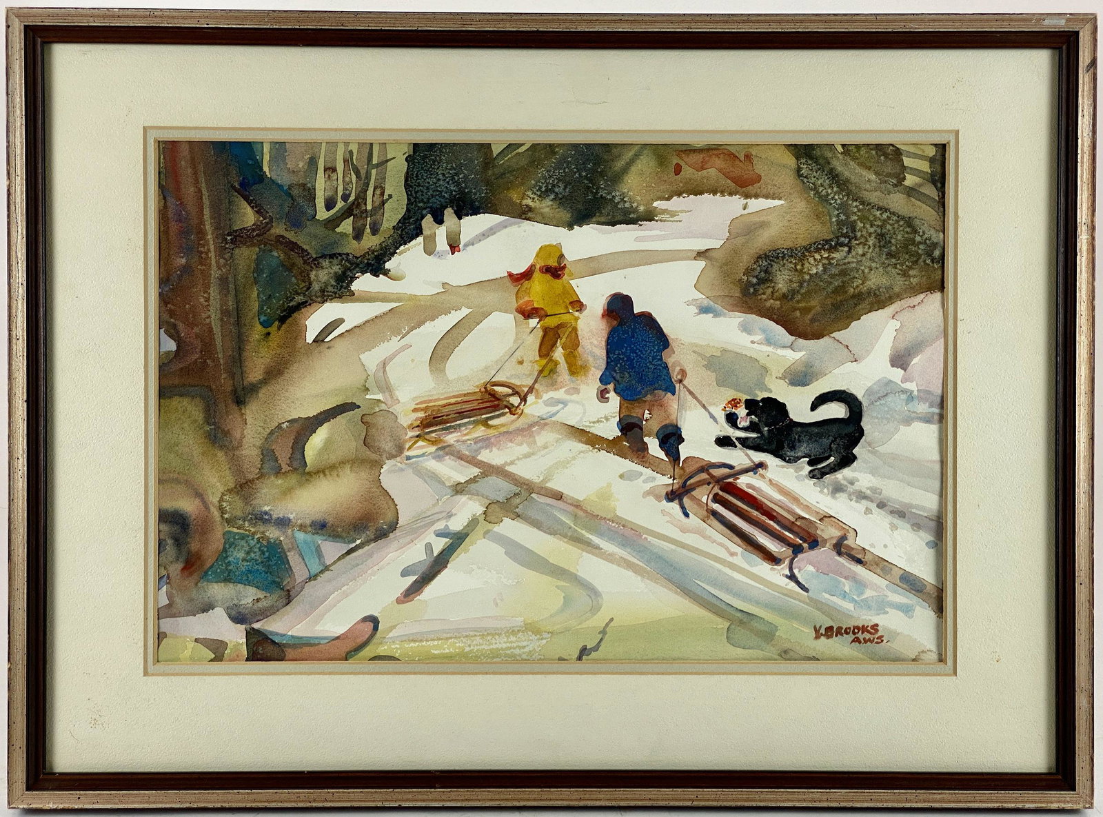 Virginia Brooks Watercolor, "After School": Signed V. Brooks to the lower right. Depicting kids playing in the snow. Framed size: 21" ht. x 28" wd.