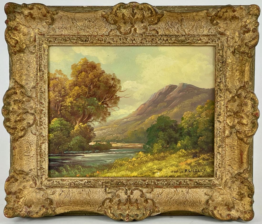 Pair of Autumn Landscapes by P. Wesley: One depicting a hunter amidst the fall foliage, and another a body of water in autumn. Both are oil on board, and both housed in the same carved frame. Both signed lower right. Both sight size: 7.5" h