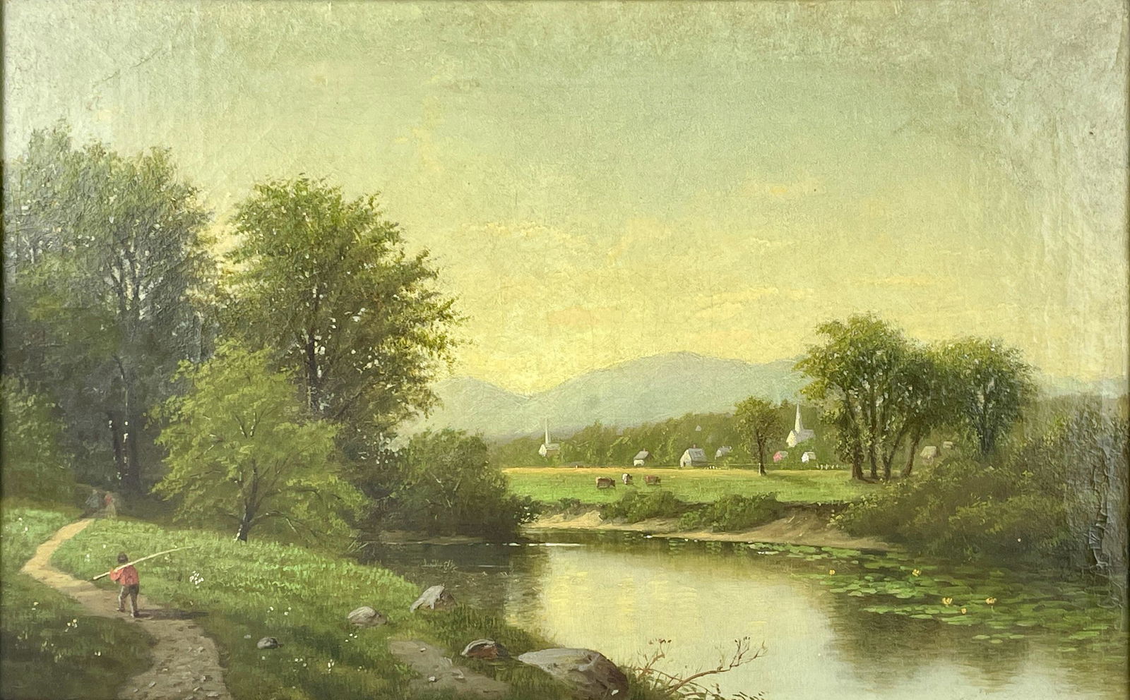 James McDougal Hart, Delaware River Scene: Oil on canvas by Hart depicting the Delaware River, with farmland and church in the background, figures in the foreground. Housed in a gilt wooden frame. 13.5" ht. x 21.5" wd., framed size: 18.5" ht.