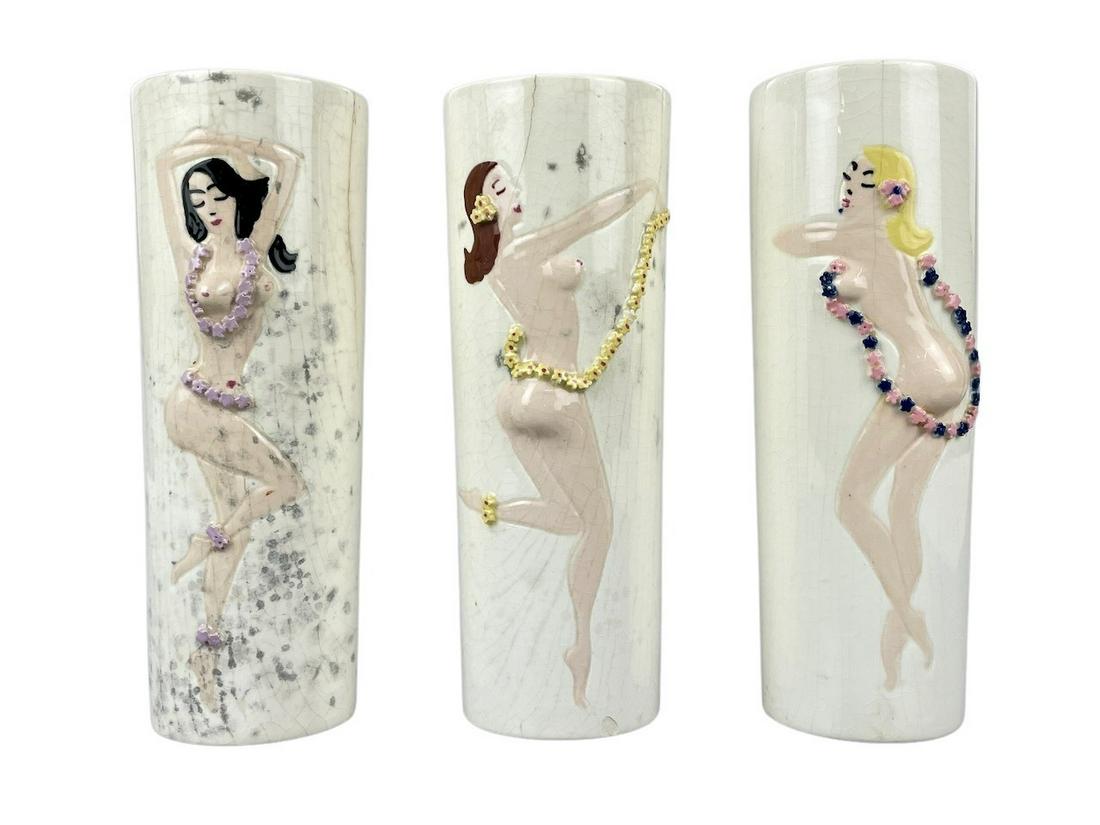 Three Porcelain Brush Pots Depicting Nude Women: All signed and dated to underside "B.C. 1958". Ht: 7" ea. Formerly of the Collection of the late Dr. Henry Heimlich (1920-2016),
