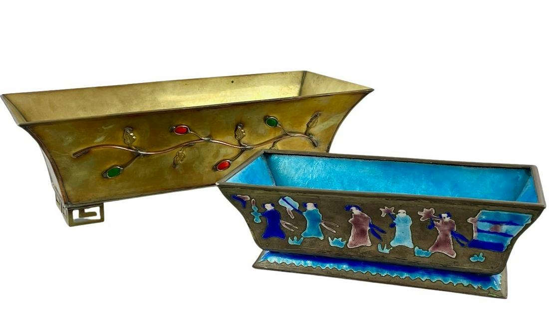Pair of Chinese Enamel or Stone Decorated Planters (1 of 6)
