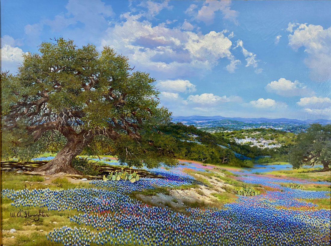 William Slaughter (1923-2003), "Texas Oaks", Oil on Can: Signed lower left and signed and titled on verso with label. Sight size: 40" wd. x 30" wd., framed size: 38.5" ht. x 48" wd. A fantastic and rich work by Slaughter, the well-known Texas painter, depic