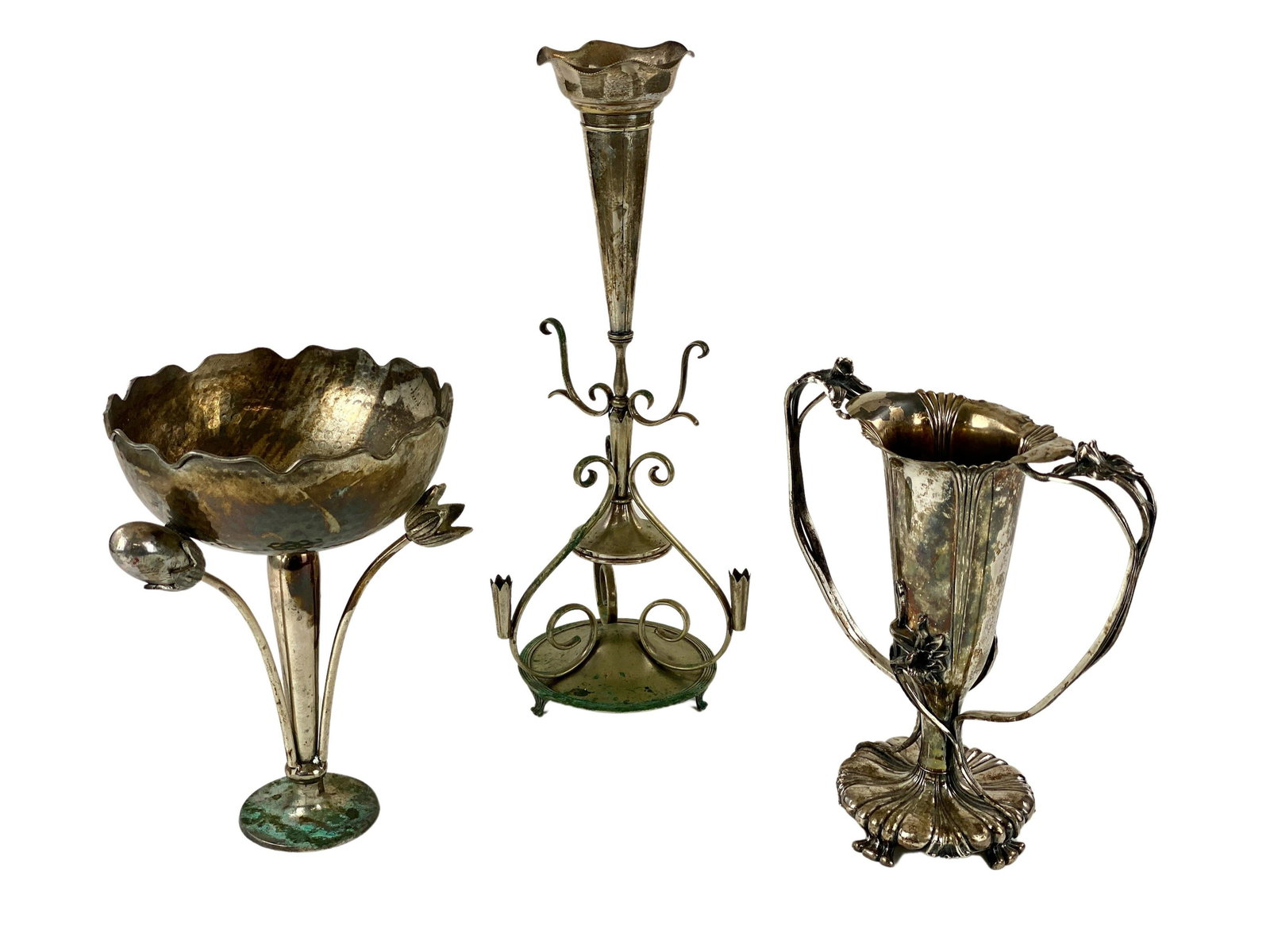 Art Nouveau Tall Vases and Dish: Three pieces of silverplate centerpieces, including an art nouveau vase by Pairpoint S.P, another with cattails and a hammered dish, and finally a tall vase marked Sheffield. Tallesrt ht. 18".