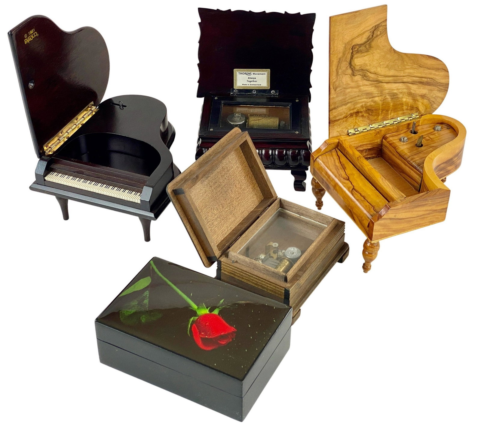 Collection of Five Music Boxes: Two shaped like baby grand pianos and three additional boxes. All in working condition when you open them up.