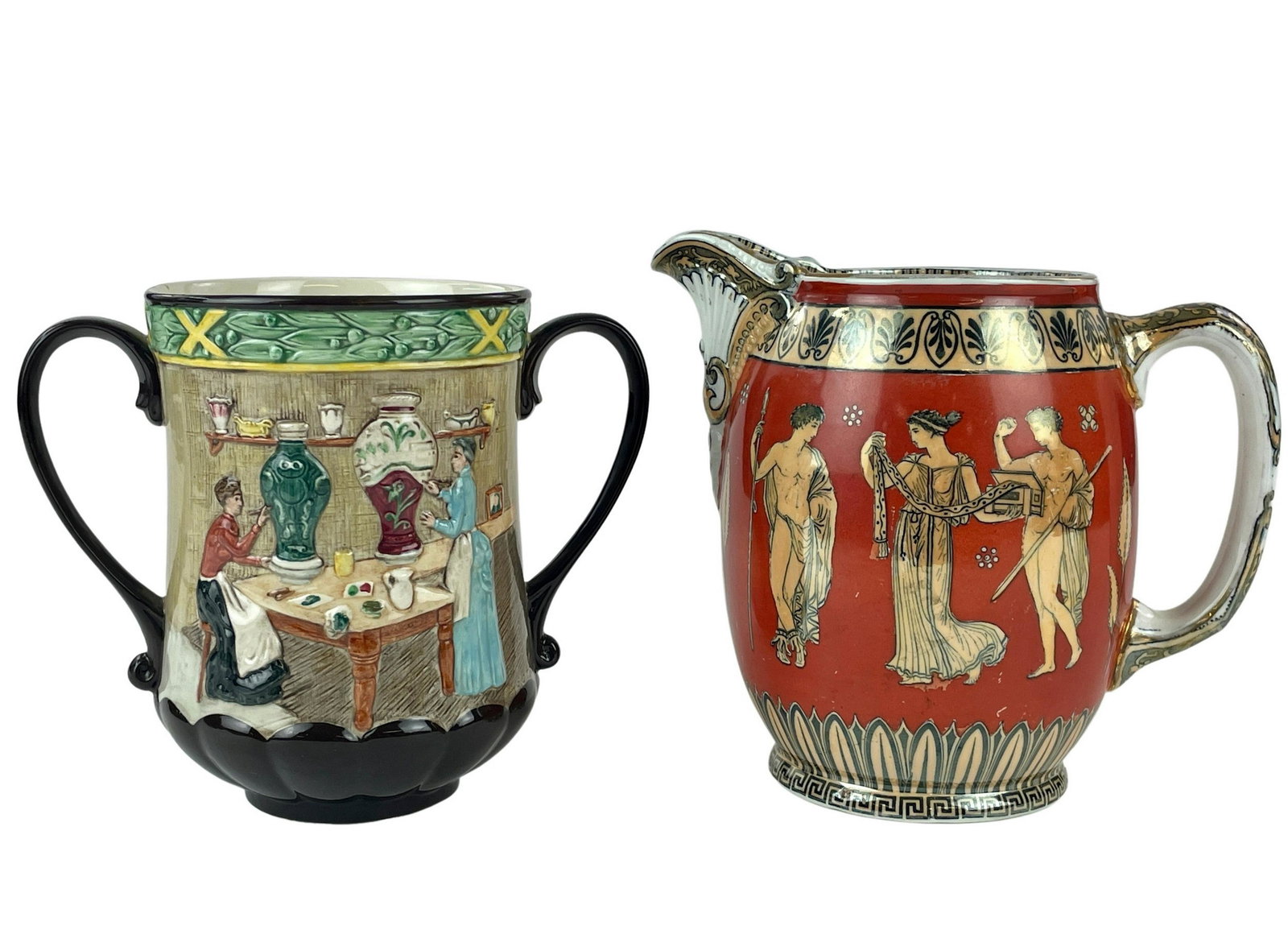 Pair of Royal Doulton Collectors Vessels: One in the manner of Greek amphora pitchers, the other depicting workers painting pottery and an exterior landscape. Tallest height: 7"