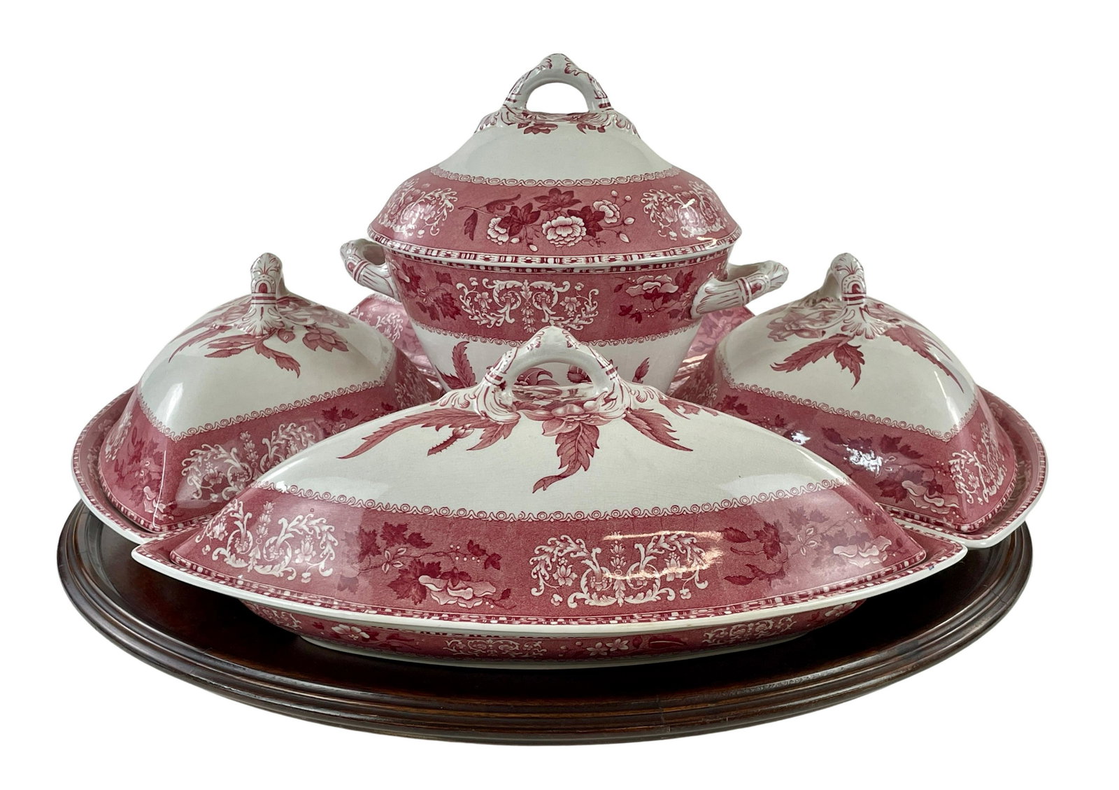 Spode "Camilla" Transferware Service with Lazy Susan: A 5 piece transferware set with 4 covered dishes and center urn, all marked to underside and all atop a lazy Susan. Ht. 14", diameter 20".