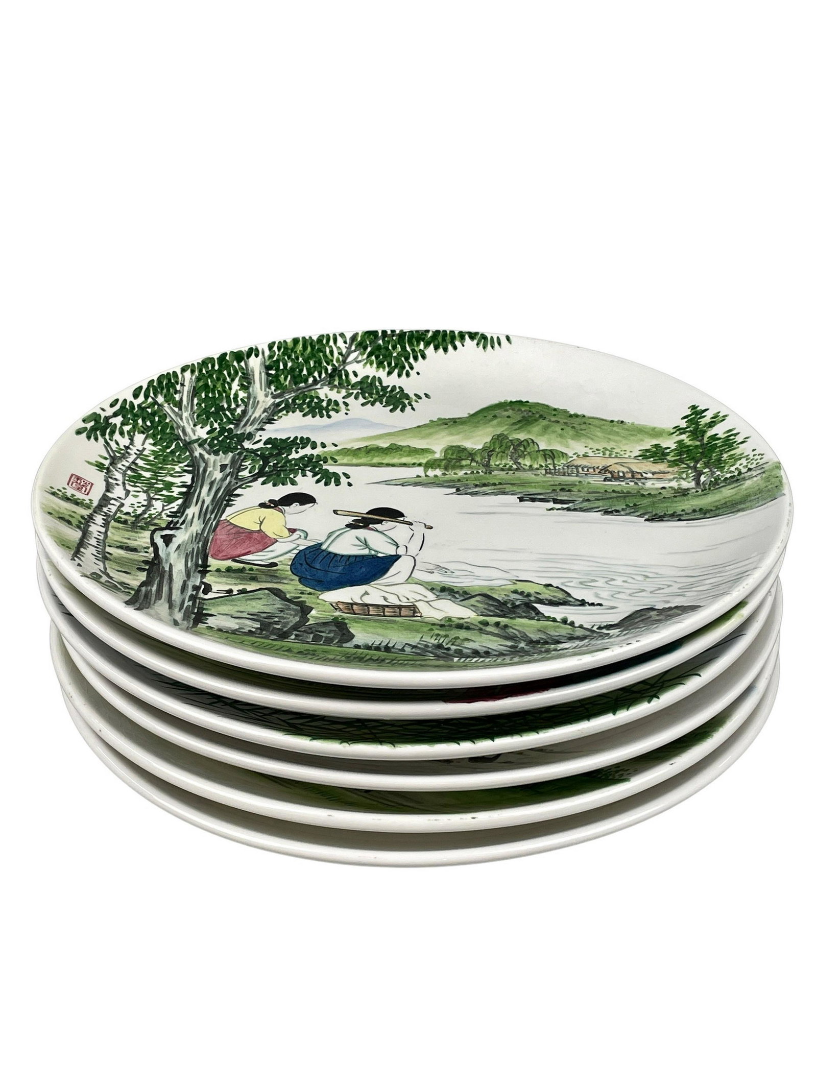Group of "Korea Ironstone" Chargers: A group of six painted chargers, each with scenic images, each marked to the underside. Diameter of each 12".