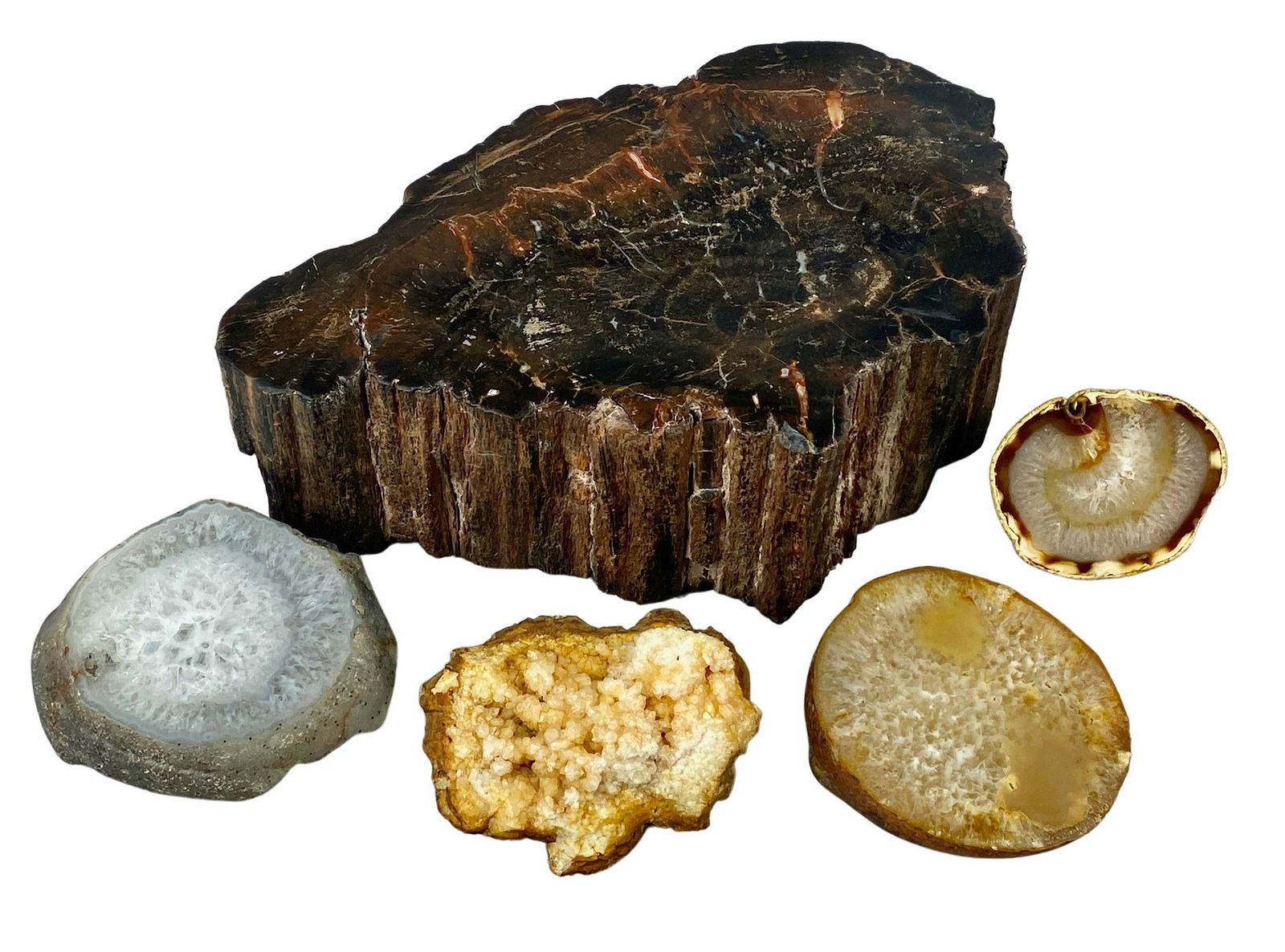 Collection of Gemstones and Fossils: 5 stones of varying type, including one large polished example. Tallest ht. 4".
