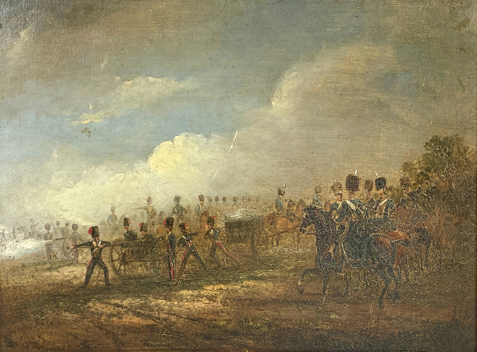 French Military Battle Painting: Oil on board, depicting canon fire and European uniforms. Signed indistinctly l.l. 11" x 16.5" (sight), 15.5" x 19.5" (framed).