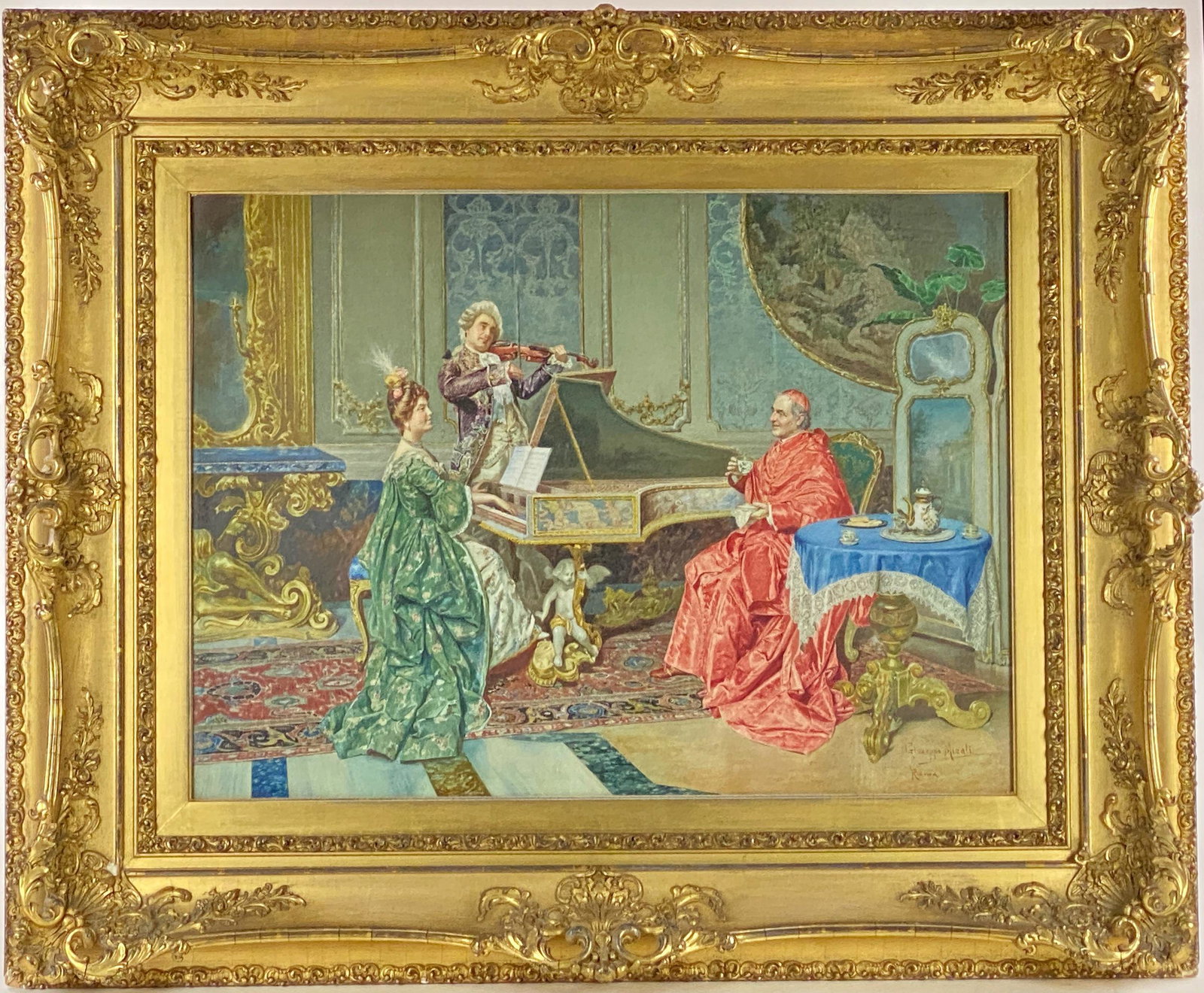 Giuseppe Micali (Italian, b. 1866), Watercolor: A large, detailed watercolor depicting an interior scene with cardinal and two additional subjects. Signed lower right and notated "Roma" in red. Sight size: 22" ht. x 30" wd., framed size: 36" ht. x 