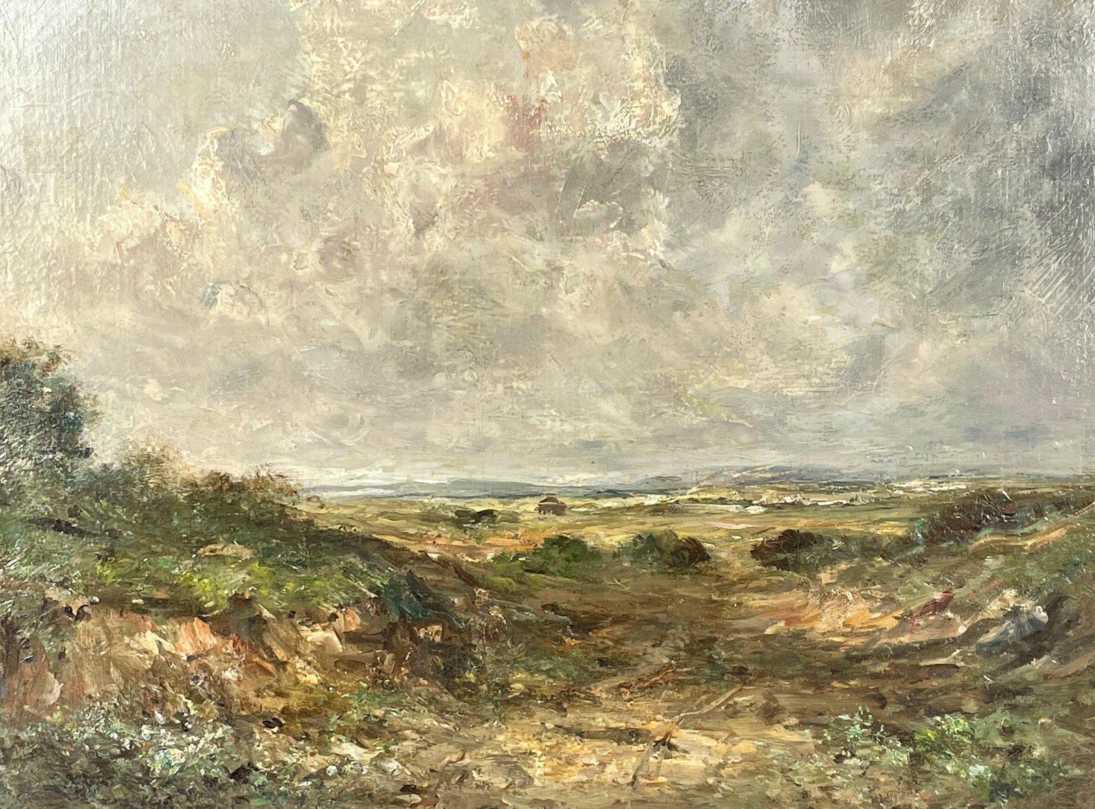 Landscape by Karl Pierre Daubigny: Karl Pierre Daubigny (French, 1846-1886). Oil on canvas over board, partial signature remaining l.l., and housed in a period gilt and gesso frame. 16" x 22.5" (sight), 22.5" x 29" (framed).
