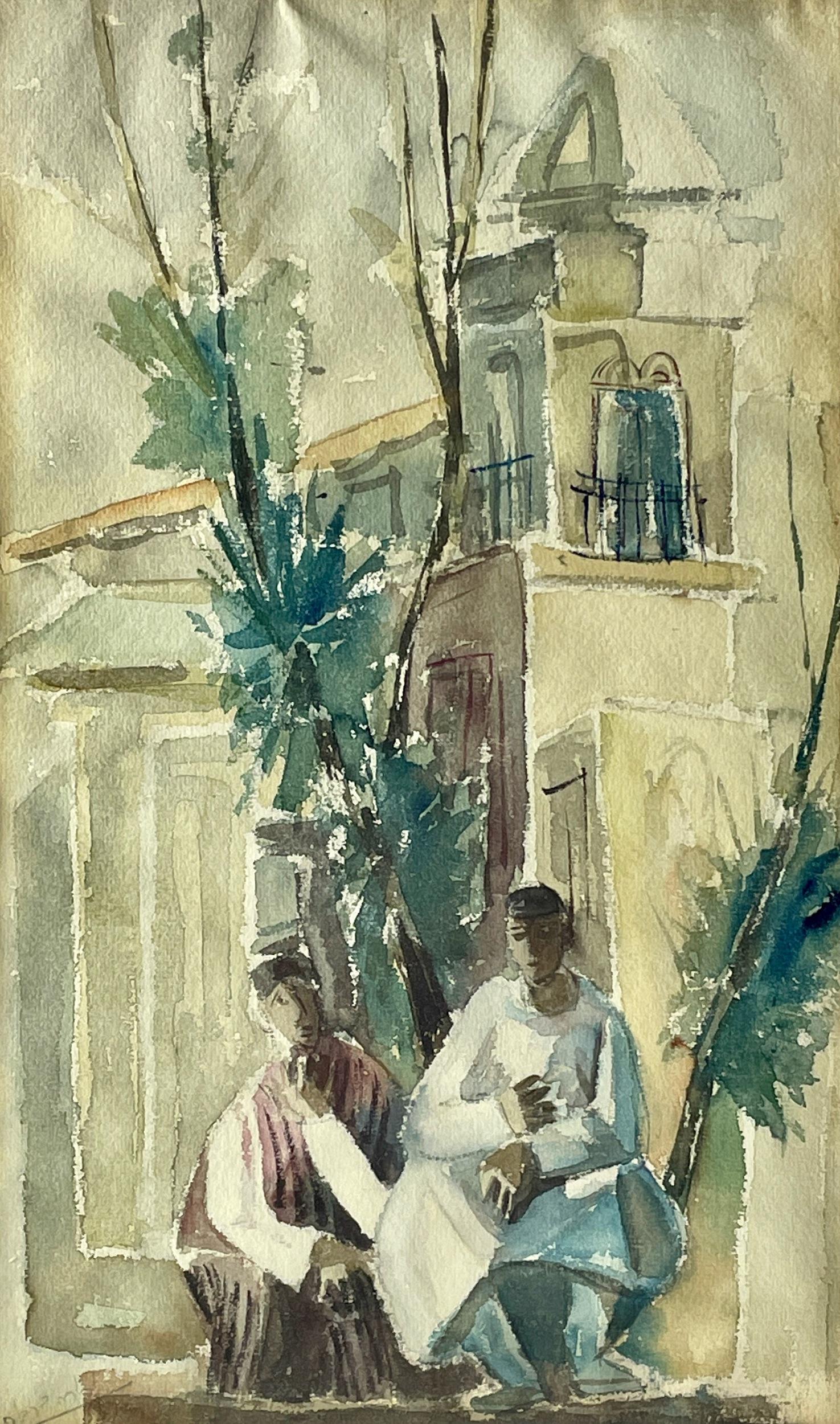 North African Wartercolor of Two Figures: Early-mid 20th century, depicting a pair of crouched figures, in a North African or Middle Eastern setting. Signed indistinctly l.l. 14" x 9" (sight), 24" x 20" (framed).