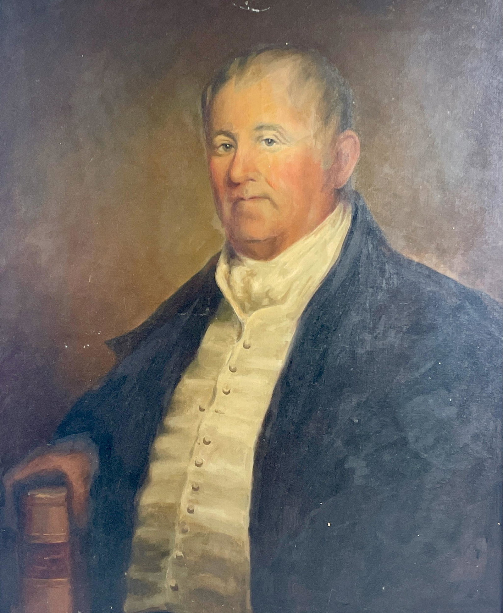Pair of Portraits of the Mitchum's of Maple Hill Farm,: A pair of portraits, oil on canvas, signed "L.H. McM" and dated 1937 lower right, of a couple in late 18th/early 19th century dress. Inscriptions to verso describe them at the Mitchum's of Maple Hill 