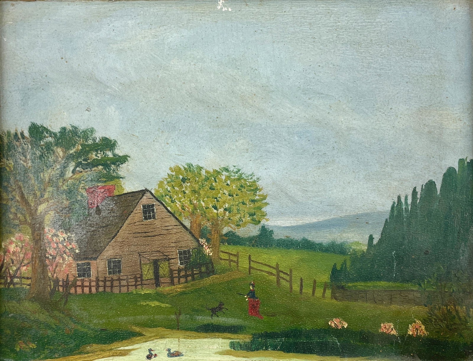 Two Folk Art Works Depicting Homesteads: Two small works, including an oil on canvas of rolling hills and a pond in the foreground and a sketch and watercolor to paper. Largest: 12" x 16.5" (framed)
