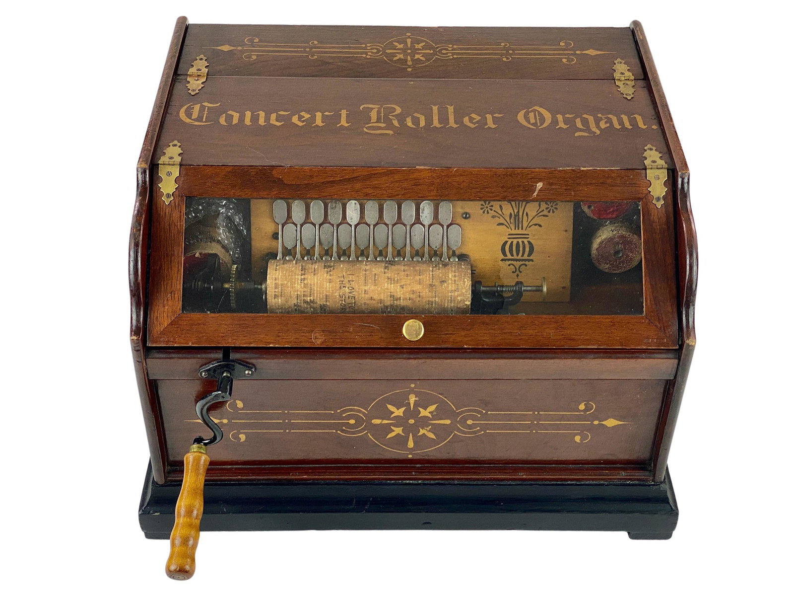 Stencil Decorated "Concert Roller Organ": Ca. 1880s, a walnut stencil decorated "Concert Roller Organ" in fine shape, currently in working condition. Ht. 12", wd. 16.5", dp. 14".