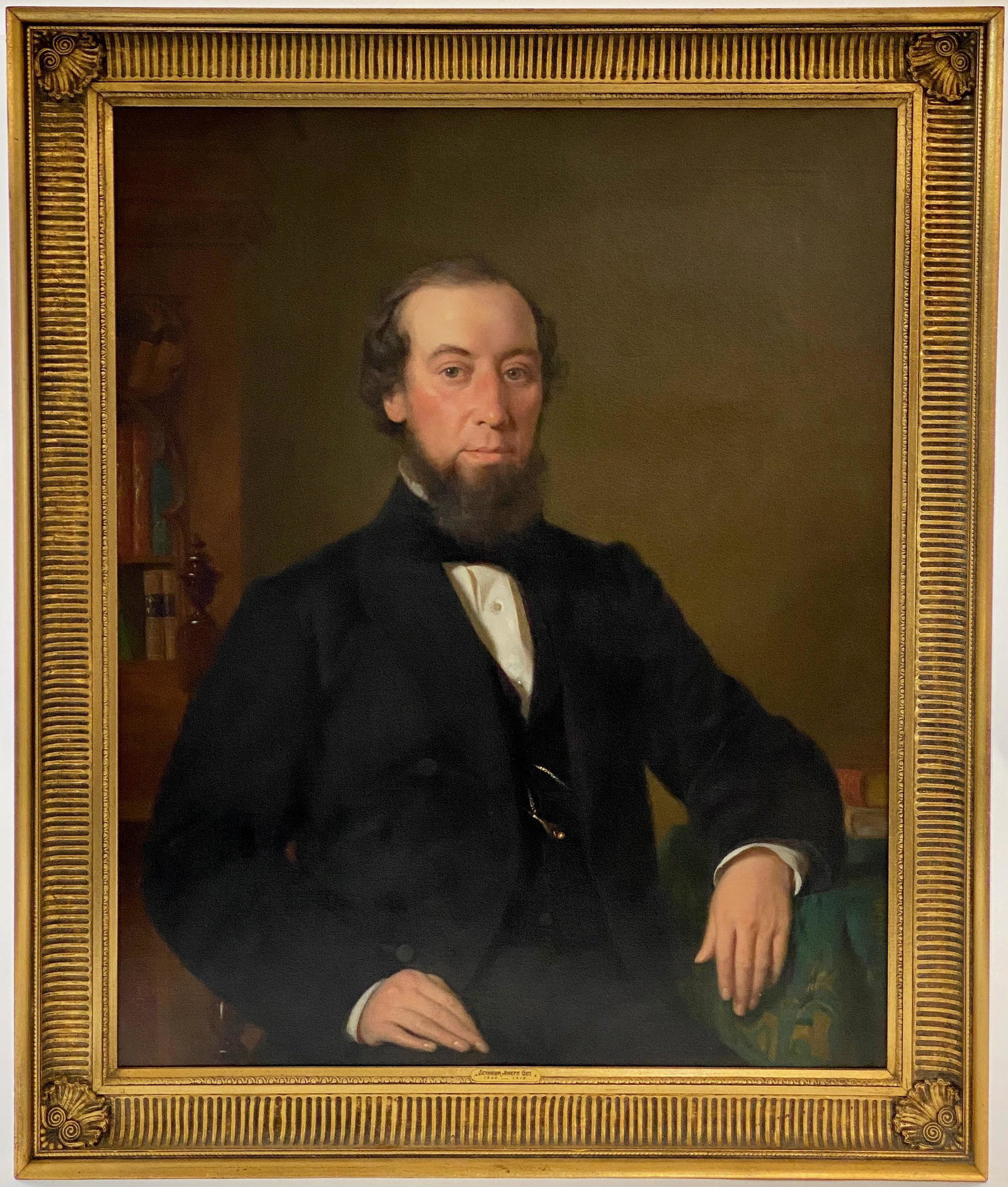 Portrait of a Gentleman by Seymour Joseph Guy: Seymour Joseph Guy (English/American, 1824-1910). Oil on canvas, late 19th century. Signed l.l. with monogram. Sight size: 35.5" ht. x 28.5" wd., framed size: 42" ht. x 36" wd.
