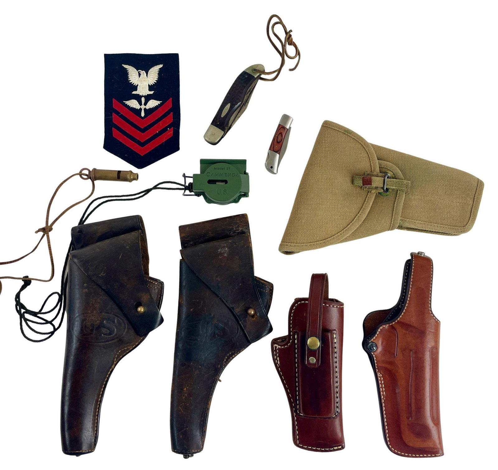 Holsters, Case Knives & Compass: Including a pair of US holsters for Colt 1911 shape/style, as well as a canvas holster, a Galco holster, and another leather example with clip holder. Also a Case knive, an NRA knife, and lastly a pho