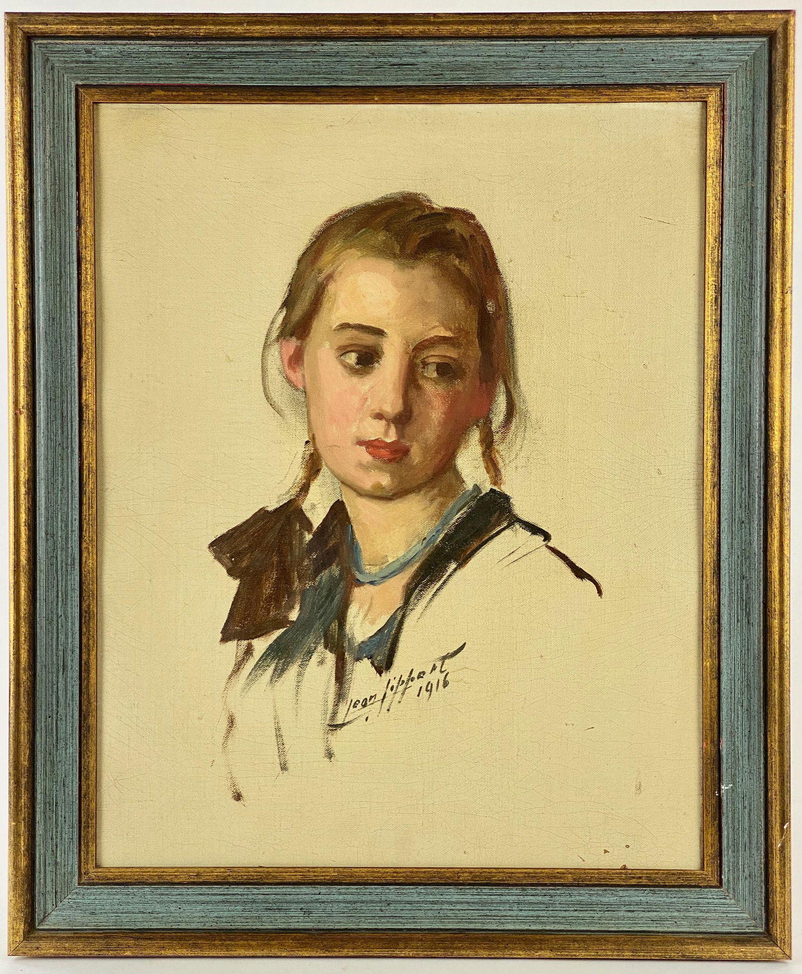 Portrait of a Girl by Leon Lippert, 1916: Leon Lippert (American/Cincinnati, 1863-1950). Oil on board, depicting a pretty younger girl, signed and dated 1916 l.c. 19" x 15" (sight), 23" x 19" (framed).