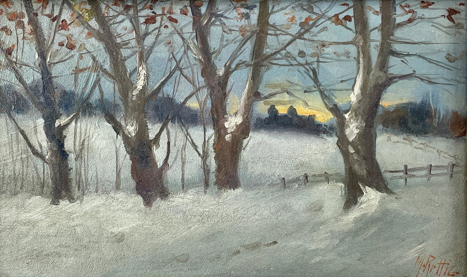 Winter Landscape by Martin Rettig: Martin Rettig (American/Cincinnati, 1869-1956). Oil on academy board, depicting a rural winter scene with fence and lemon sky. Signed l.r. 6.5" x 11.5" (sight), 10" x 14.5" (framed).