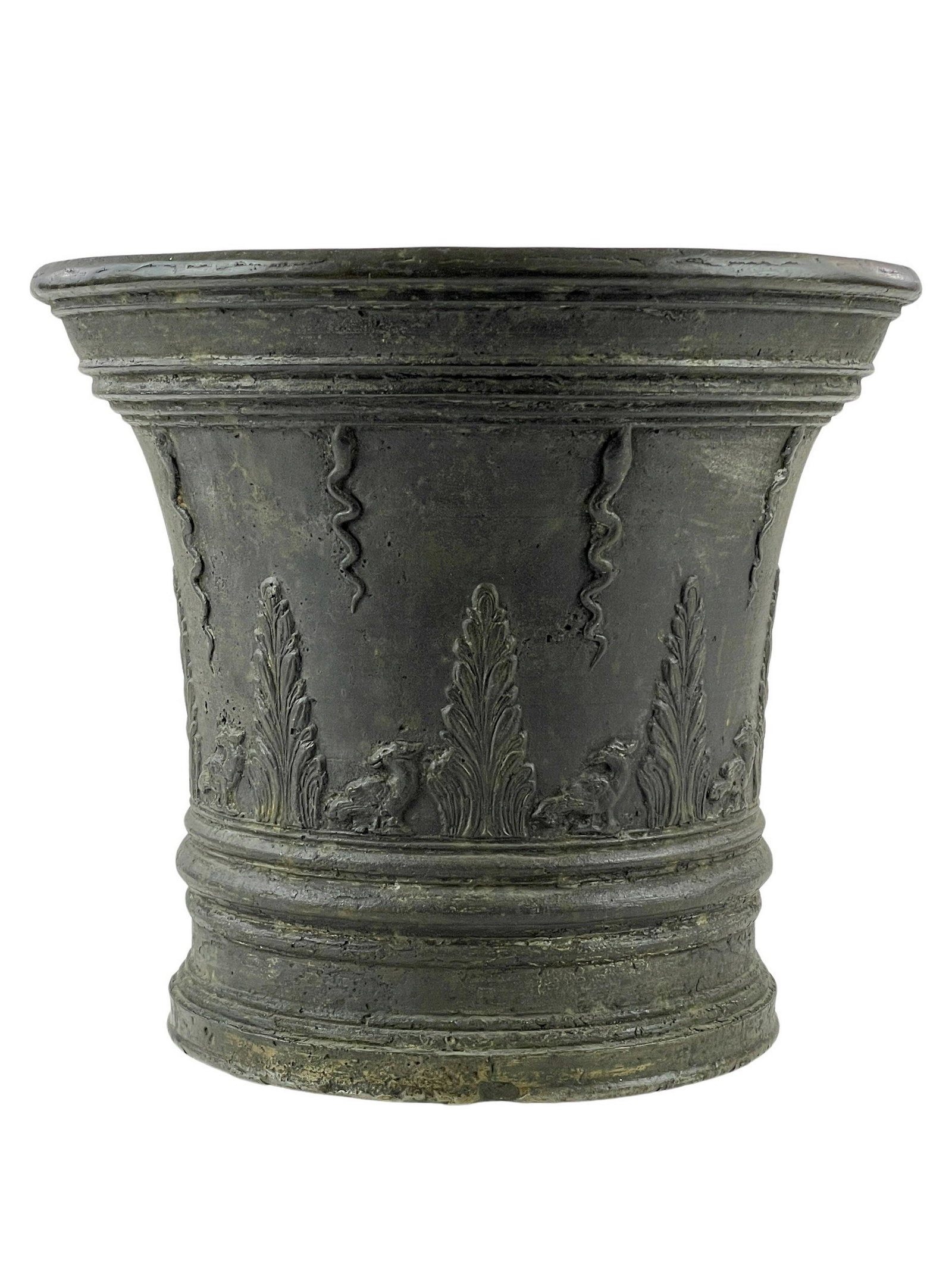 Substantial Middle Eastern Bronze Planter: A heavy and relief cast bronze planter, with snake, pelican and foliage relief casting. Ht. 11".