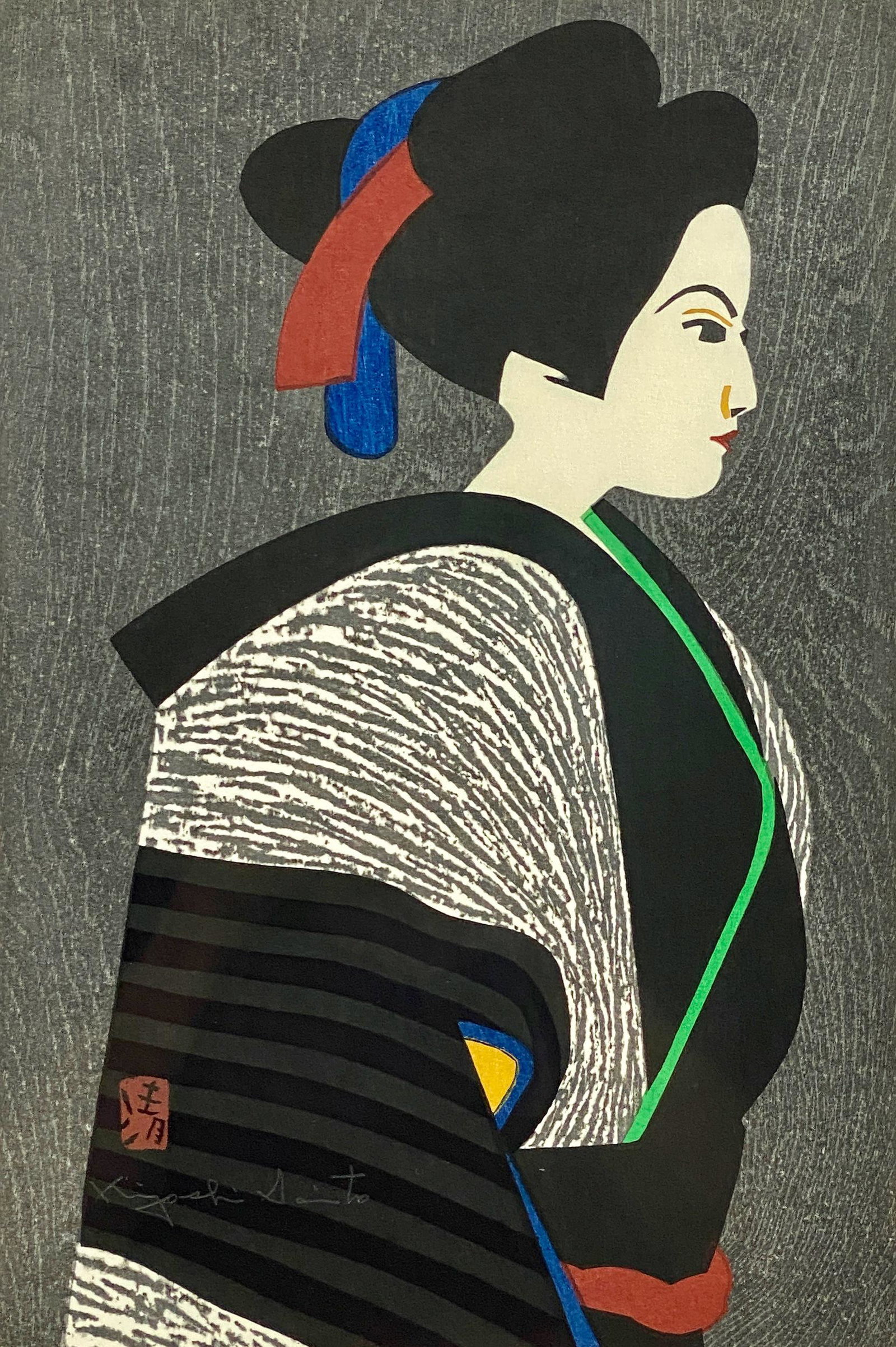 Kiyoshi Saito (Japanese, 1907-1997): A Shin Hanga Oban Tate print depicting a Bunraku puppet by the 20th century printmaker. With Paul Hamilton Galleries label affixed to verso. Signed in pencil to the lower left. Sight size: 15" ht. x 1