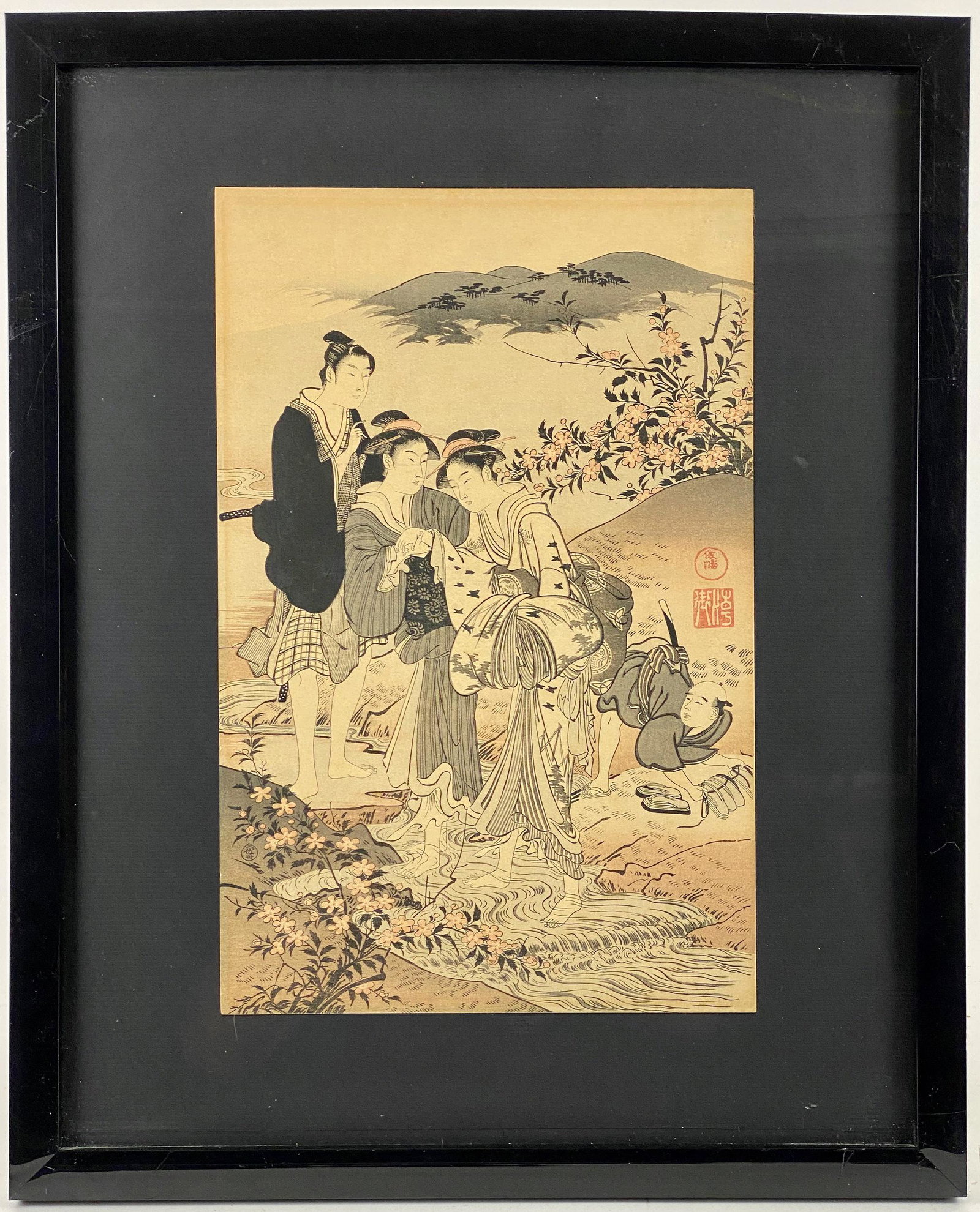 A Collection of Five Japanese Framed Prints, Various: One by Kubo Shunman, one by Kunisada Kabuki, two by Utamaro and one by unknown artist. All are framed. Largest is the Shunman with sight size of: 15" ht. x 9.75" wd., framed size of: 21.5" ht. x 17.5"