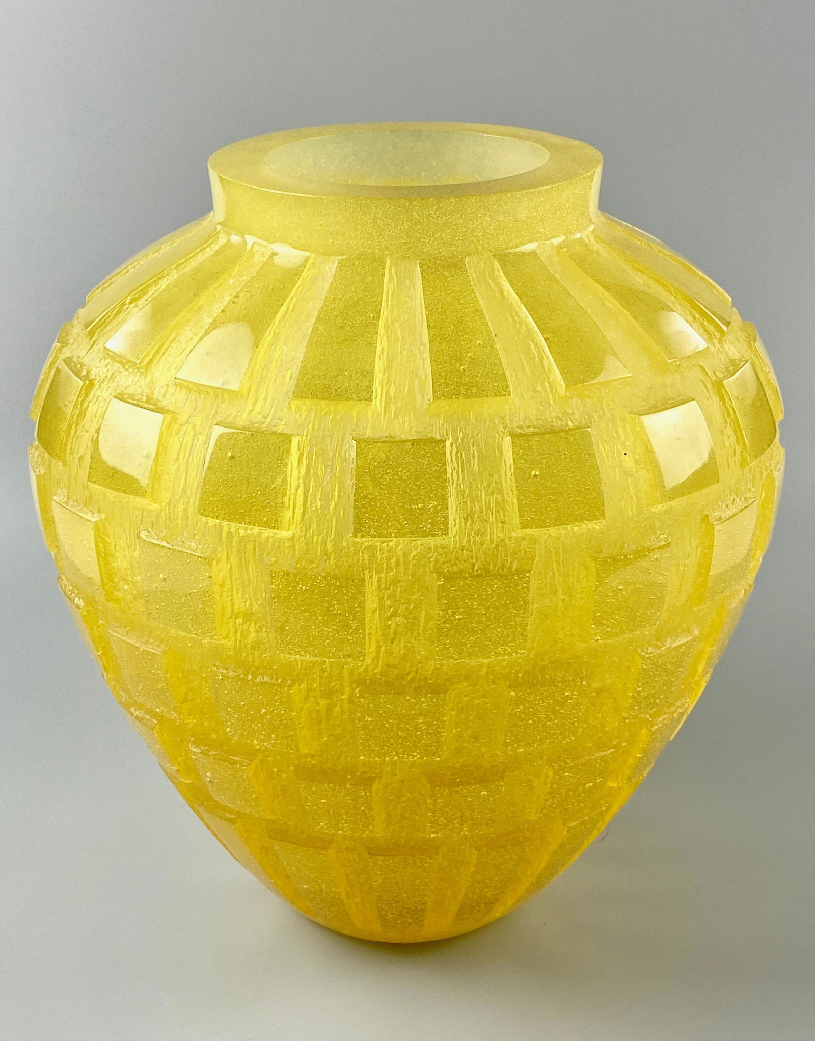 Daum Yellow Pate-de-Verre Rythmes Vase: Late 20th Century, brilliant marigold hue. Signed to underside. 11" ht.