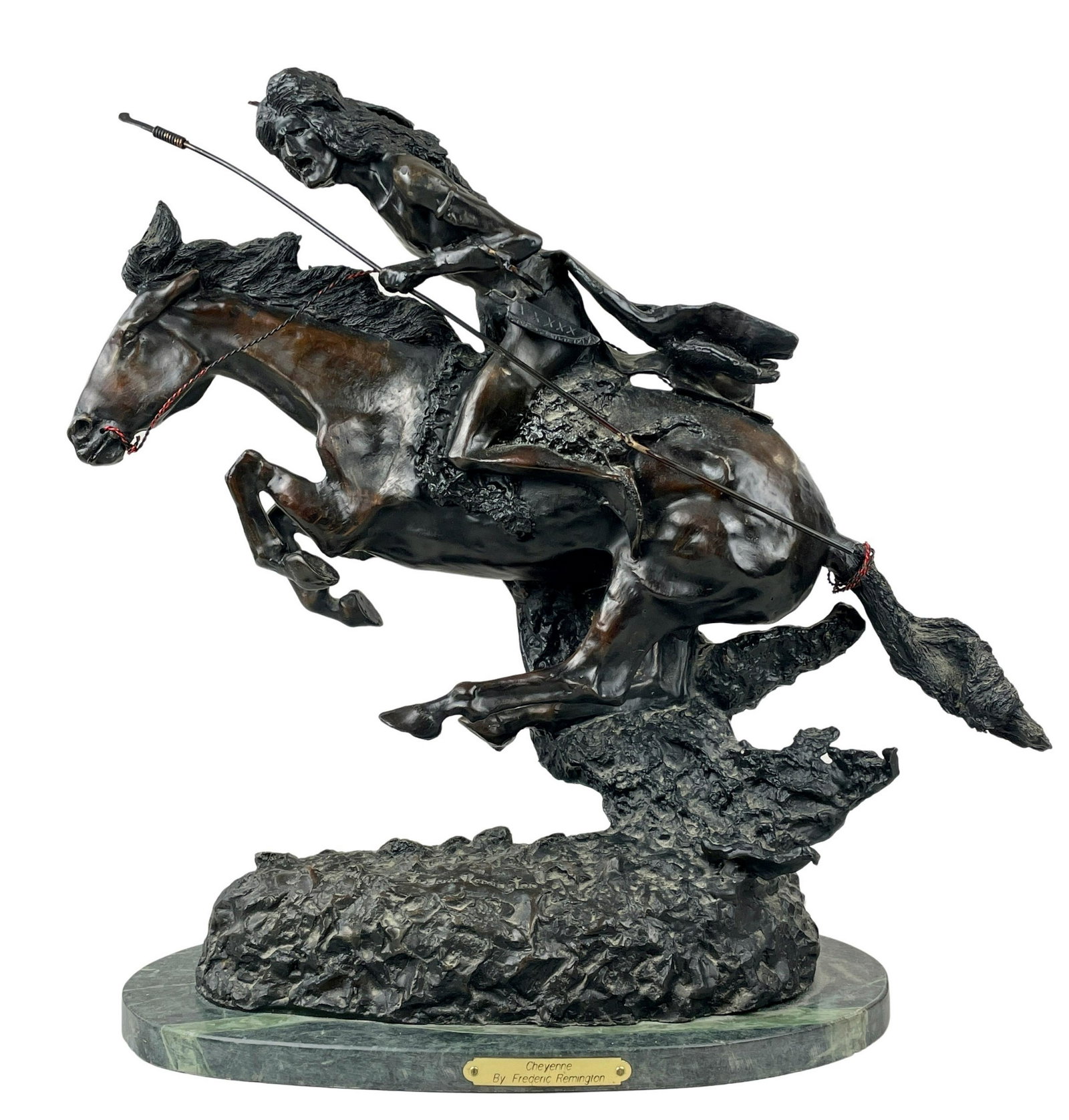 "Cheyenne" Recast by Frederic Remington: Bronze on marble base. A Frederic Remington recast of "Cheyenne", with base inscription, "Dedicated to Benjamin Stoddert, Secretary of Navy, 1904". Ht. 20" (including base).
