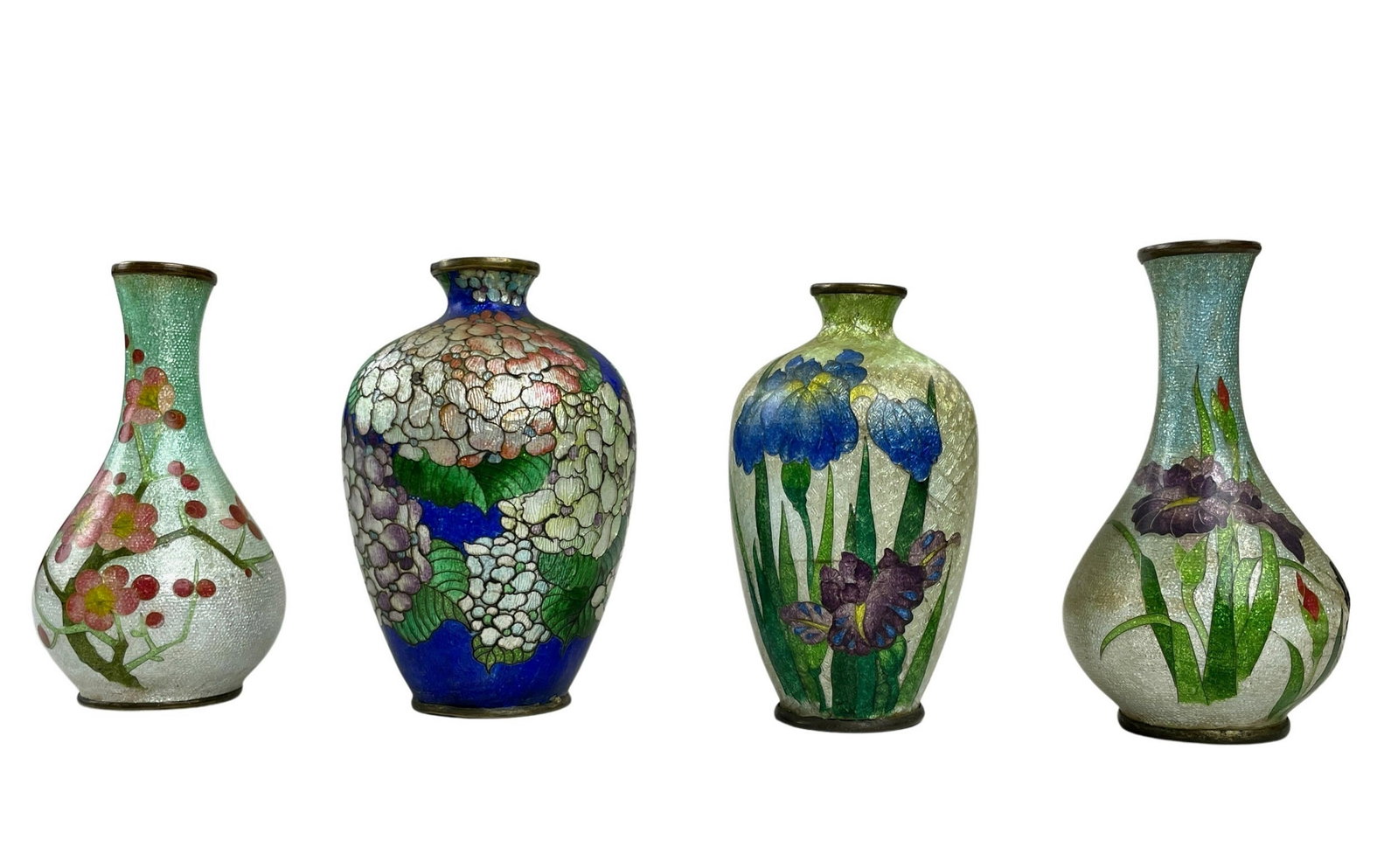 Group of Meiji Japanese Ginbari Cloisonne: A group of 4 examples, late 19th or early 20th century, each cabinet vase in Ginbari cloisonne. One signed example. Tallest ht. 3.5".
