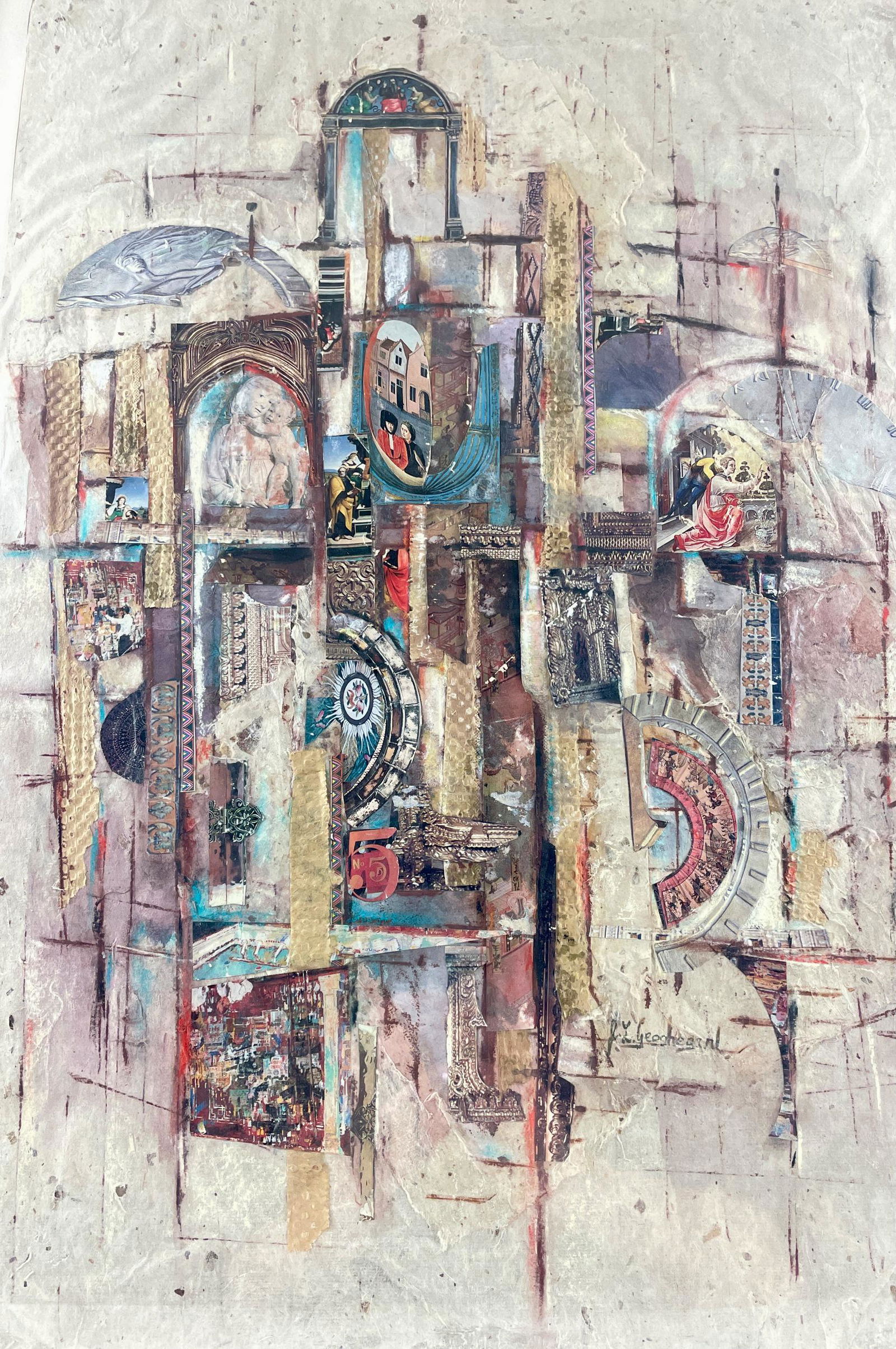Jan Geoghegan, "Chimes and Spires", Multimedia Collage: A fine multimedia collage on paper backing by Geoghegan, with artists tag on back and original price. Framed size: 27.5" ht. x 20" wd.