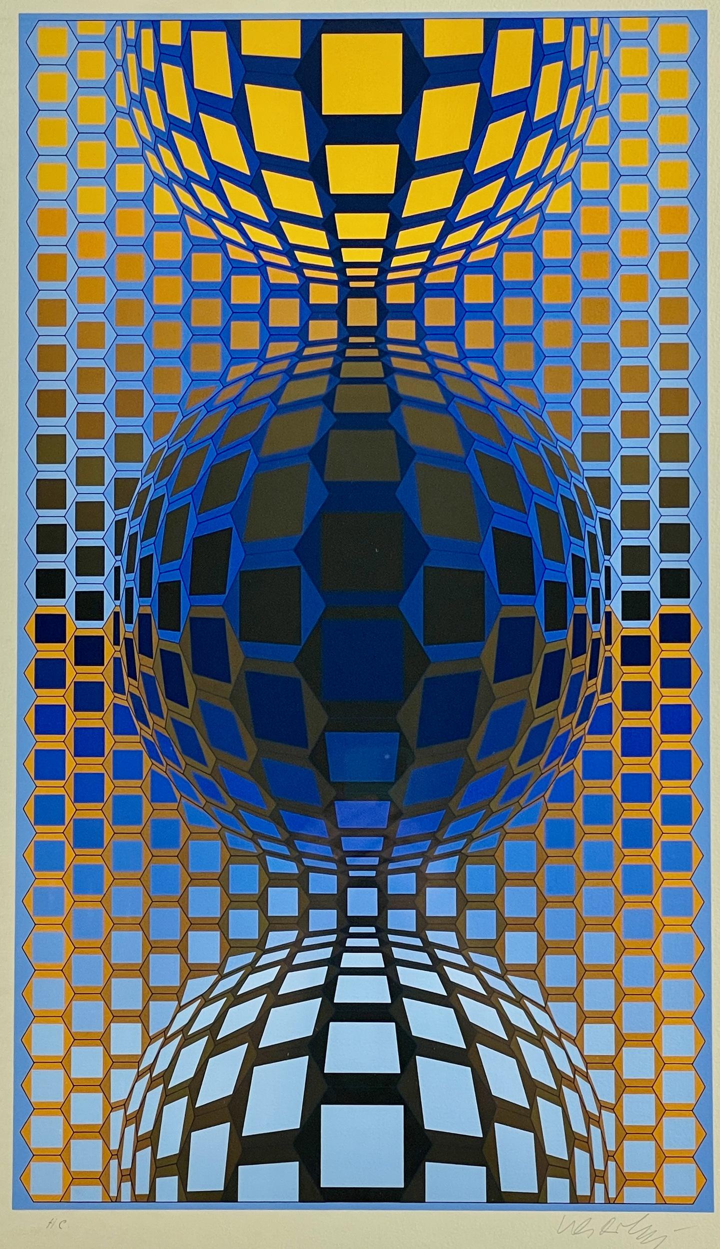 VICTOR VASARELY, Vega Series, Proof: Silkscreen in colors on cream colored wove paper. C. 1974. Signed in the lower right margin. Notated 'HC' to the lower left margin, to identify as 'hors commerce', a special artist's run aside from th