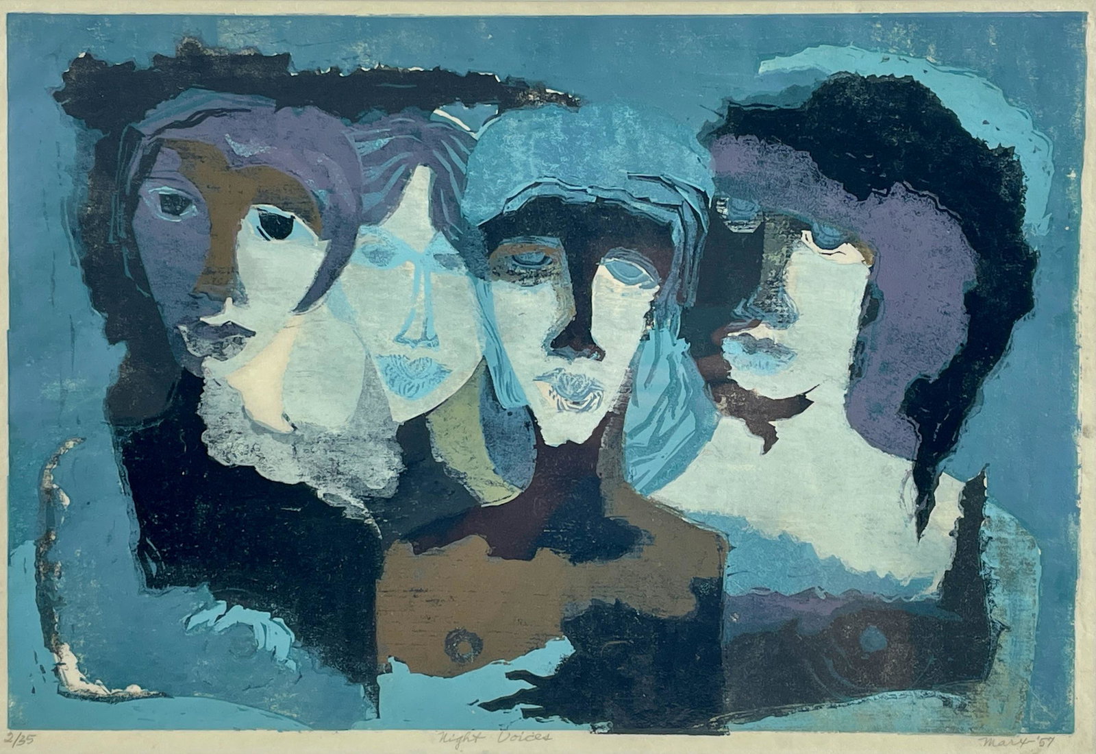 Mixed Media Portraits by Evelyn Marx: Cincinnati (1906-1996). Woodcut and silkscreens to paper depicting four busts, signed to the lower portion. 20" x 27" (framed).