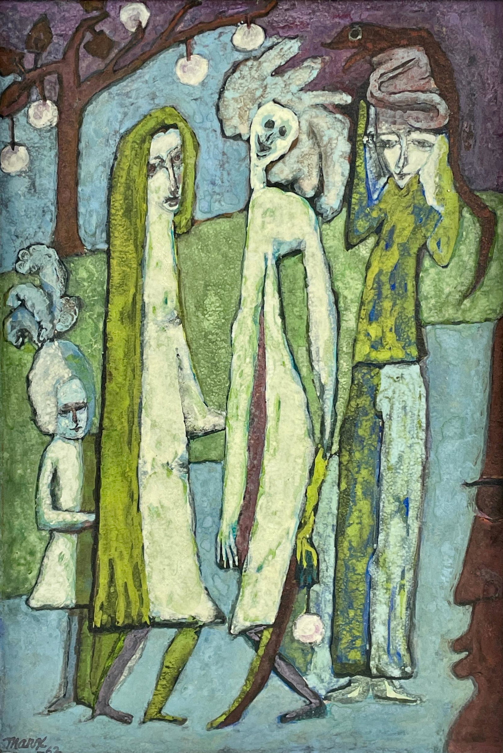 Evelyn Marx Pasticcio Painting: Cincinnati (1901-1996), signed and dated 1962 lower left. Depicting three figures in a blue landscape. Sight size: 16" ht. x 11" wd., framed size: 20" ht. x 15" wd.