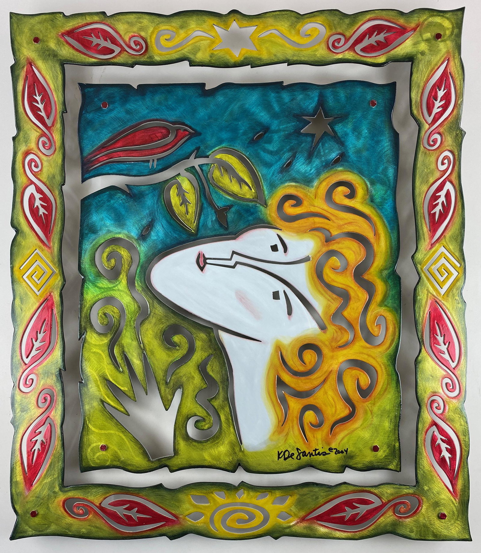 Metal Relief Painting by Kristin DeSantis: Enamelized work of art by Colorado artist Kristin DeSantis, made from recycled aluminum and transformed into a colorful work of art. 2-piece work "Songbird w/Frame" (2004), 37" ht. x 32" wd. "It all s
