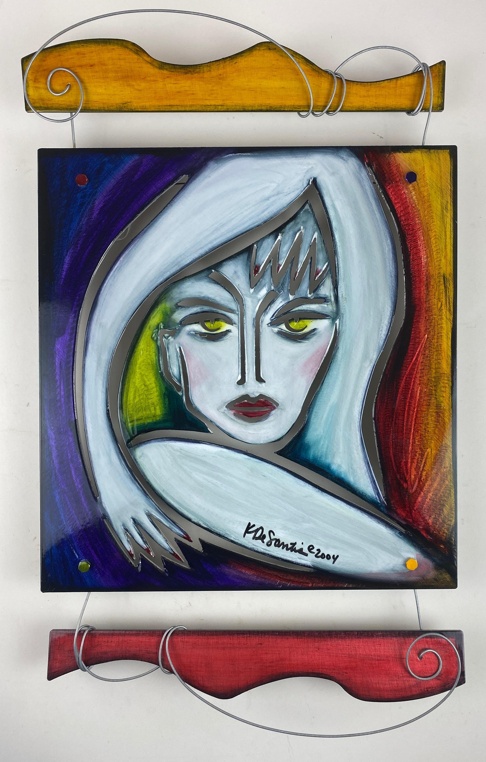 Metal Relief Painting by Kristin DeSantis: Enamelized work of art by Colorado artist Kristin DeSantis, made from recycled aluminum; "Contours Face" (2004) 27" ht. x 17" wd. "It all started in a junkyard for Kristin. At age 35, after working in