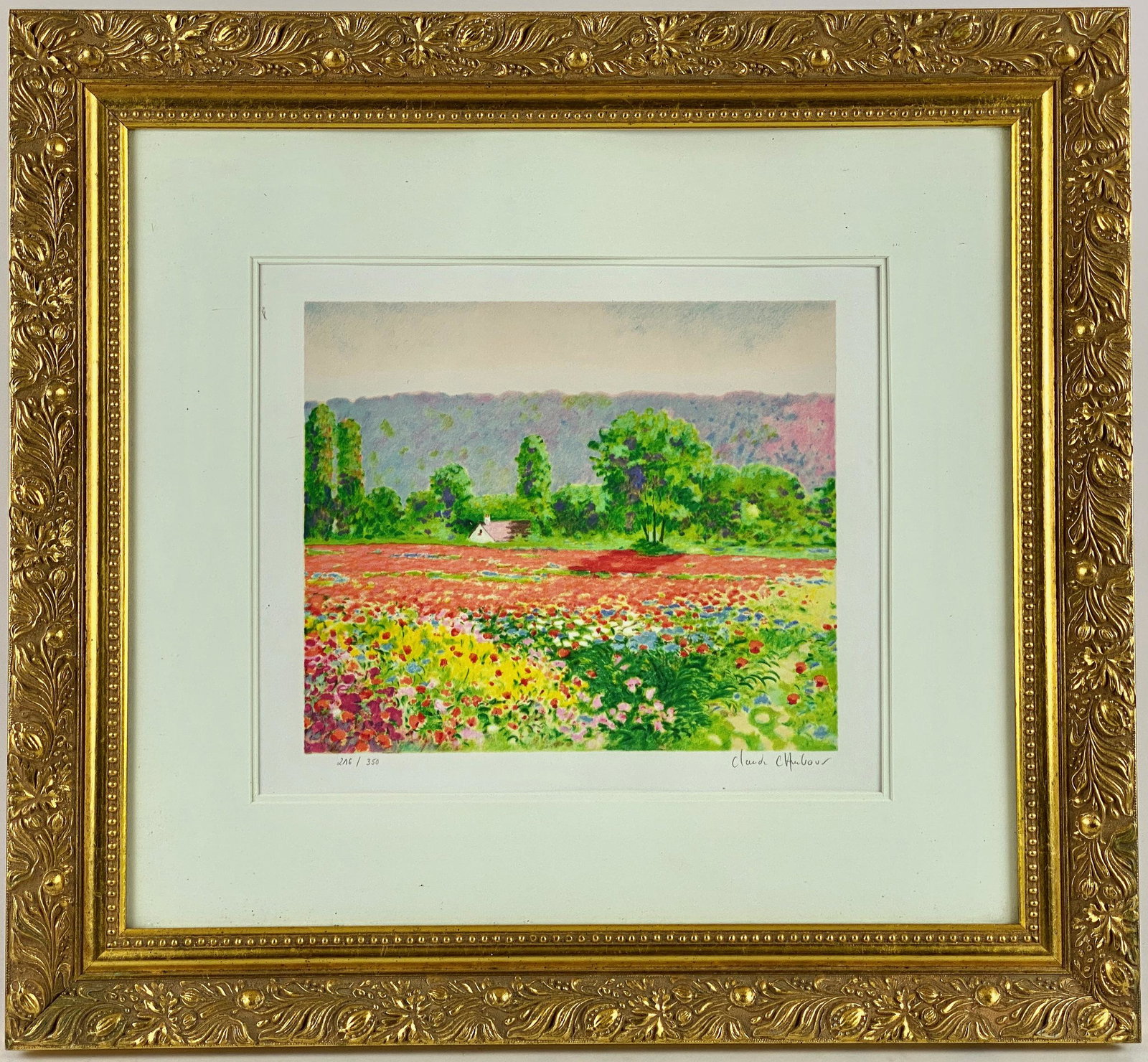 Claude Cambour (French, 1940-2012): Claude Cambour Serigraph in color on paper depicting a field of flowers with a hillside backdrop. Signed in pencil and numbered 276/350. 11" ht. x 13" wd. (sight) and 22" ht. x 24" wd. (framed).