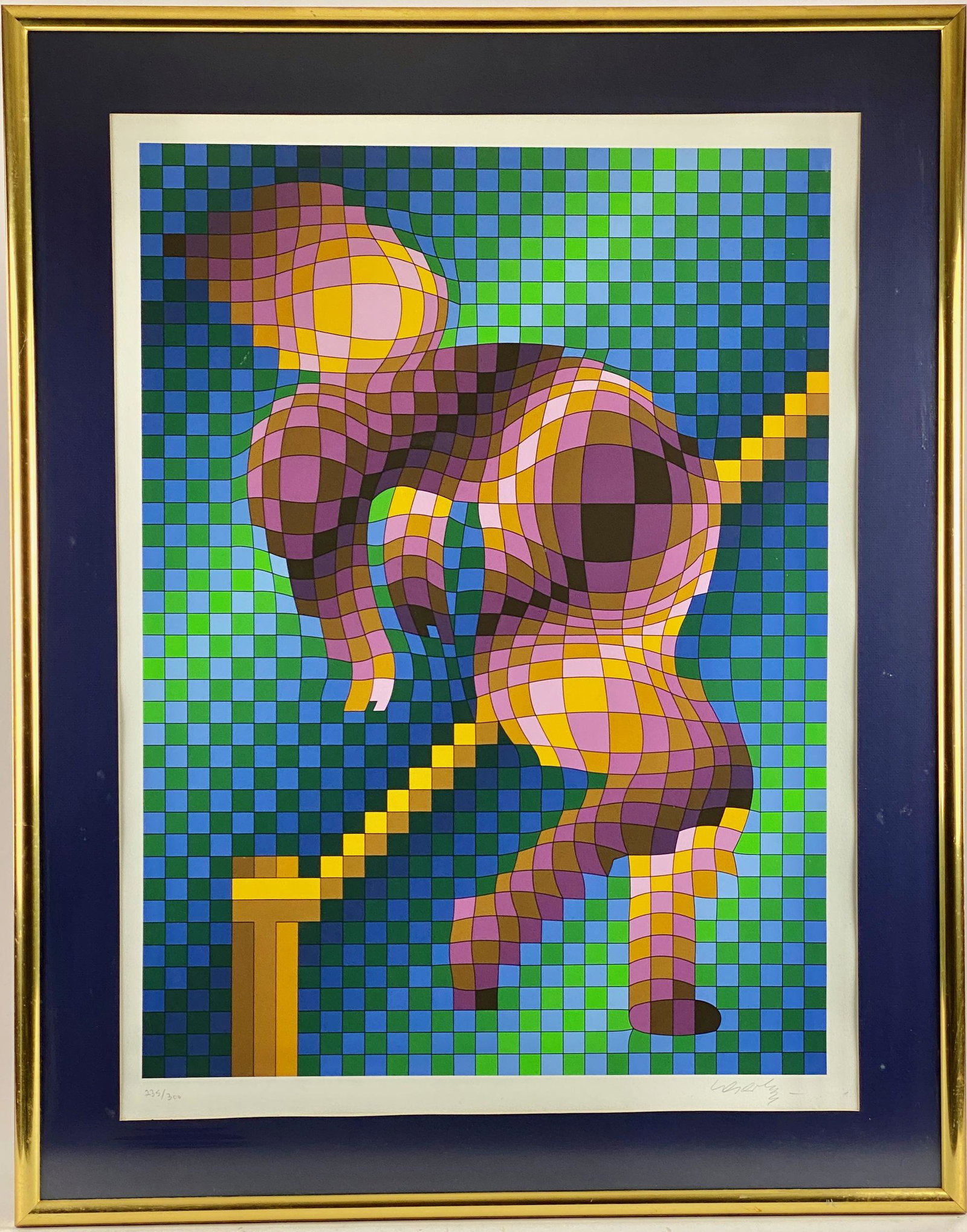 Victor Vasarely, "Harlequin Sportif aka Pole Vault": Signed lower right and numbered 235/300 in the lower left, serigraph. Sight size: 32" ht. x 23.75" wd., framed size: 41" ht. x 32" wd.