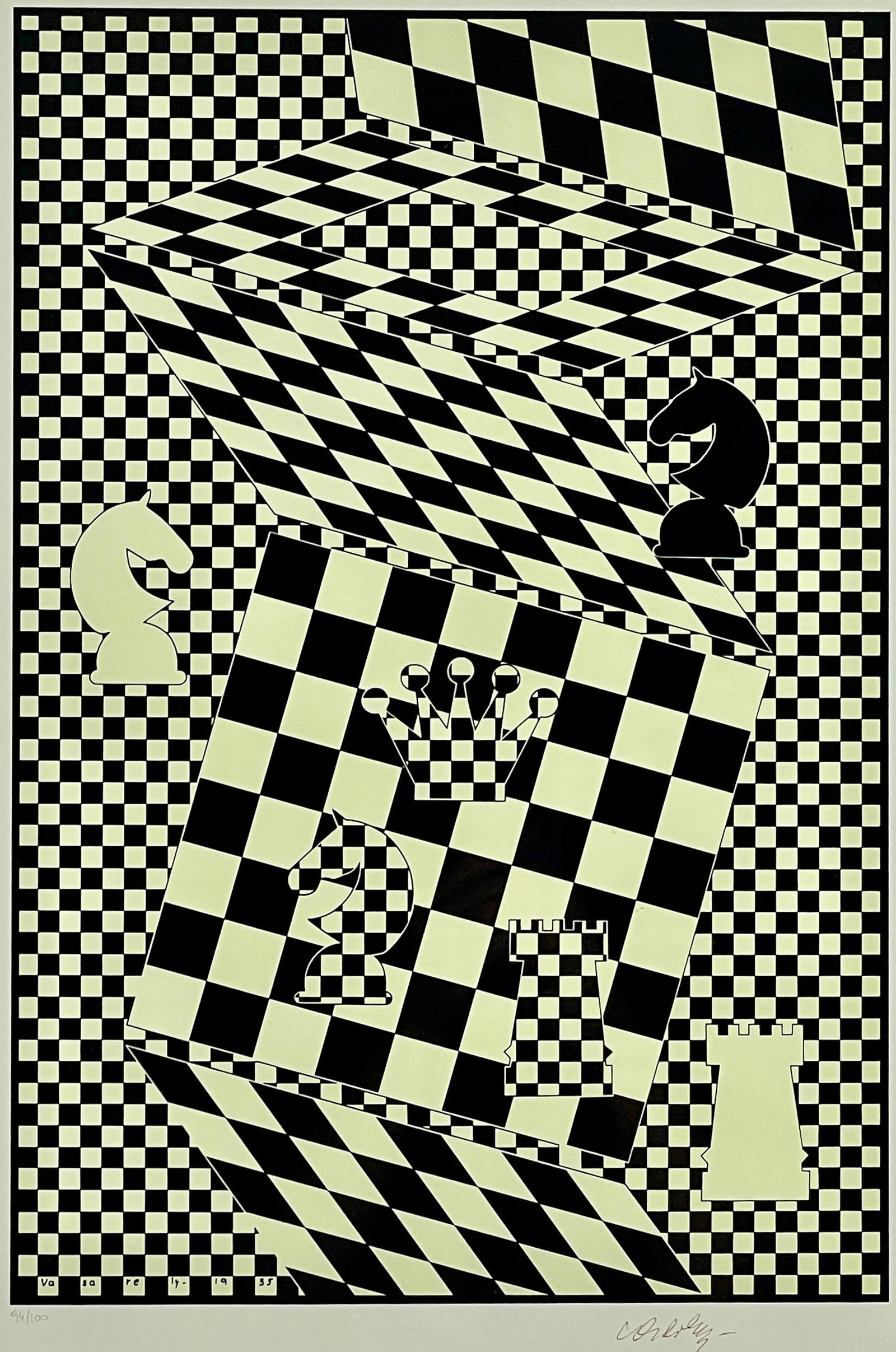 "L'Echequier" Serigraph by Victor Vasarely: Victor Vasarely (Hungarian, 1907-1997). Silkscreen on paper, signed and dated 1935 in plate, numbered 94/100 l.l. margin, signed l.r. 21" x 14.5" (sight), 27.5" x 19.5" (framed).