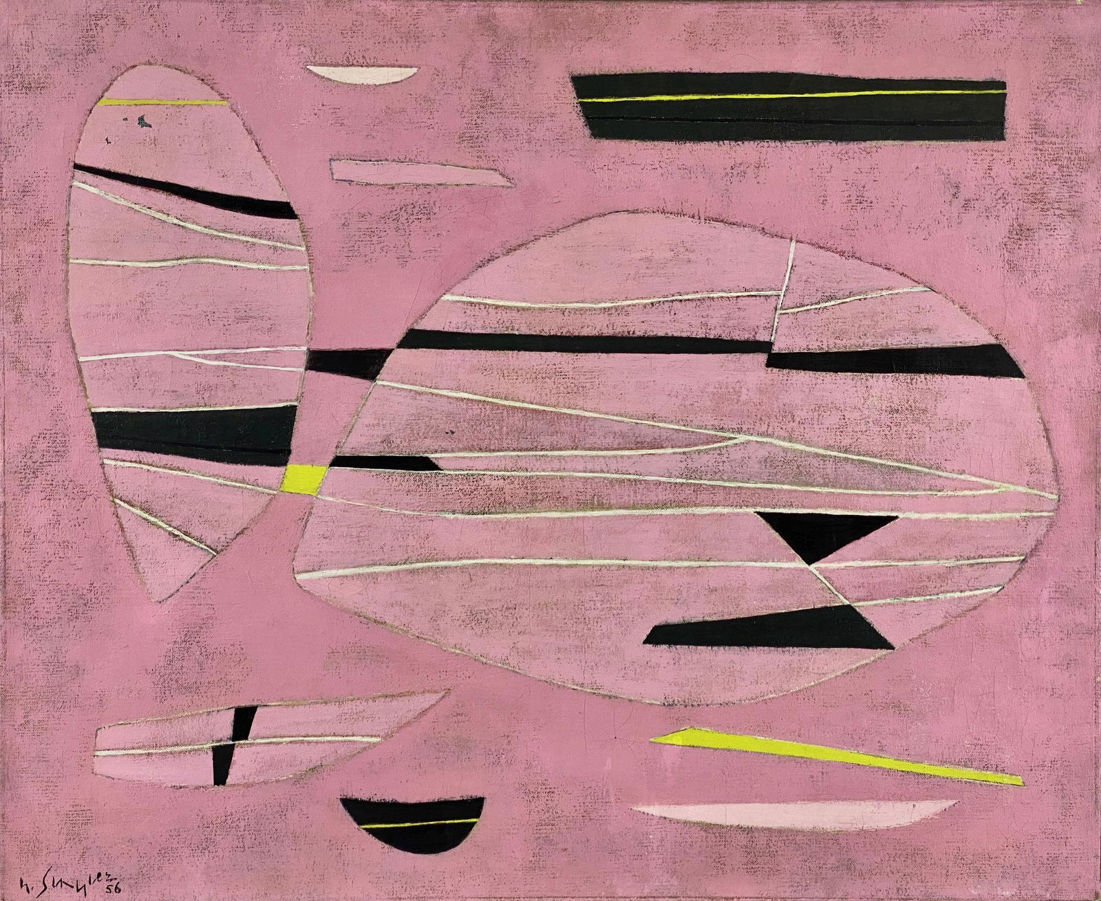 "Estuaire II", 1956 by Gustave Singier: Gustave Singier (Belgian, 1909-1984). Oil on canvas, signed and dated l.l. Verso again signed, dated and titled "Estuaire II". An outstanding abstract example by the Belgian modernist. 23.5" x 29" (si